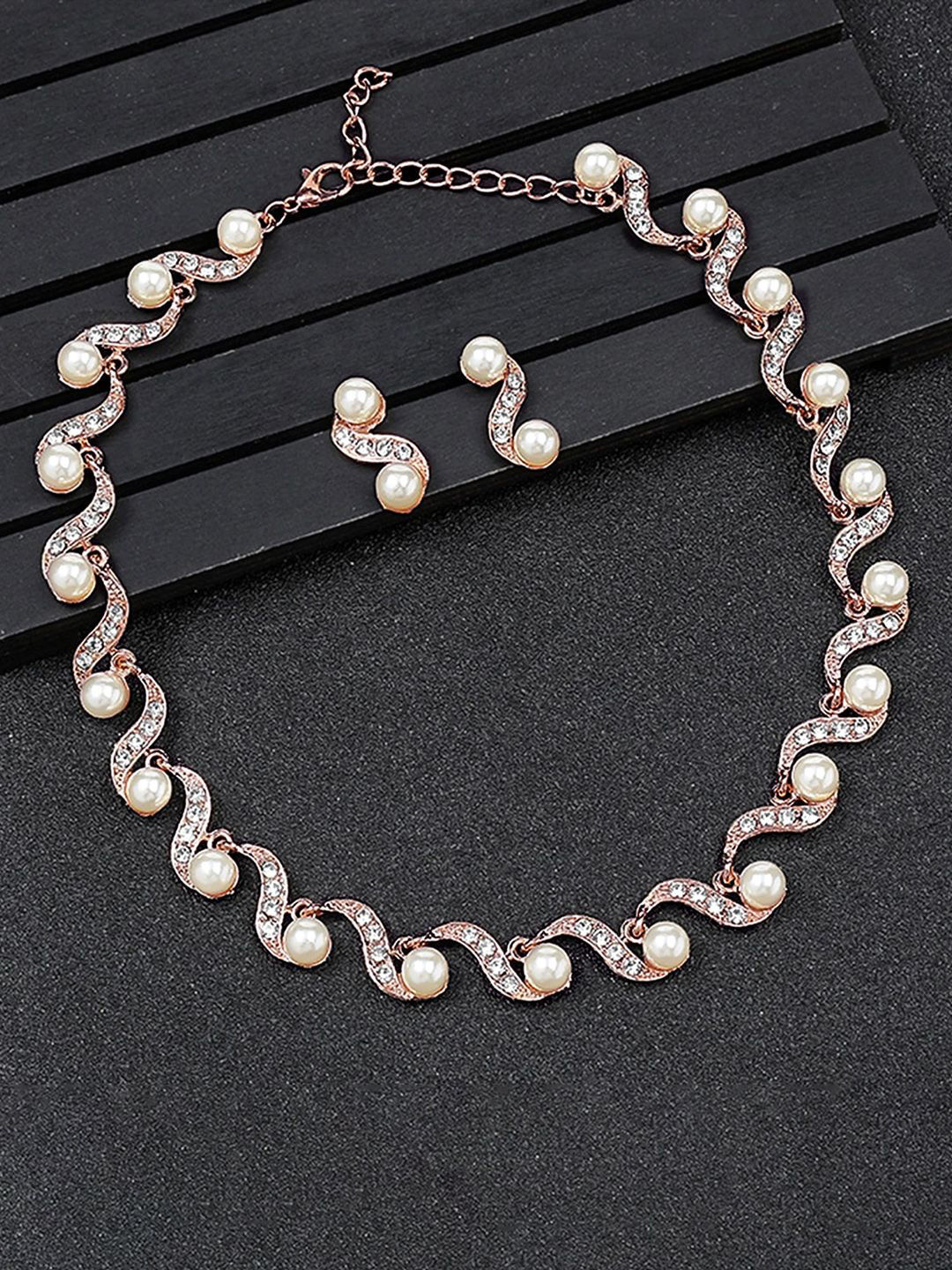 Peora Women Rose Gold Plated Crystal & Pearl Studdded Wave Shaped Necklace Earrings Set