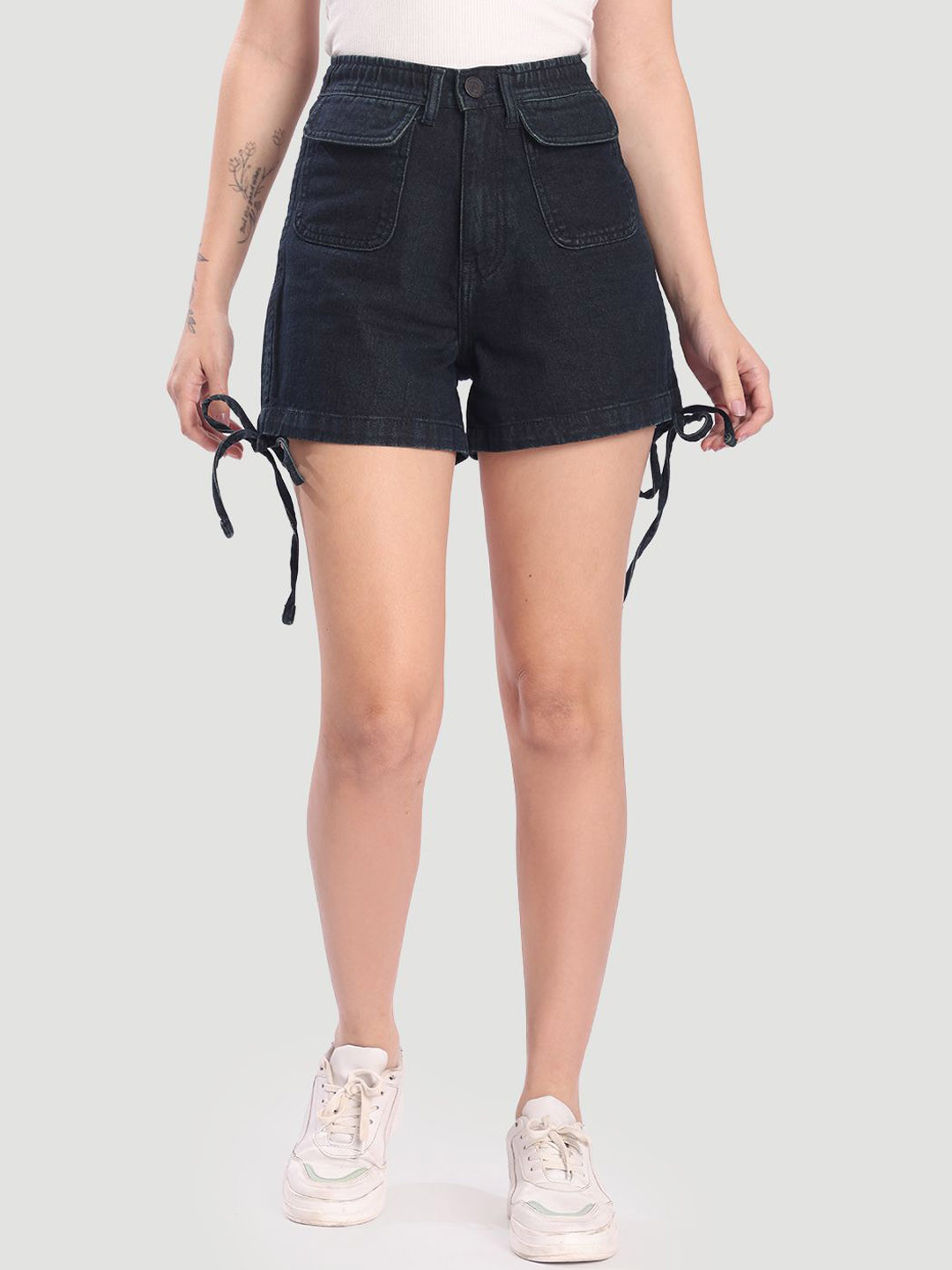 Bene Kleed Women High-Rise Relaxed Fit Tie-Up Detailed Pure Cotton Cargo Denim Shorts