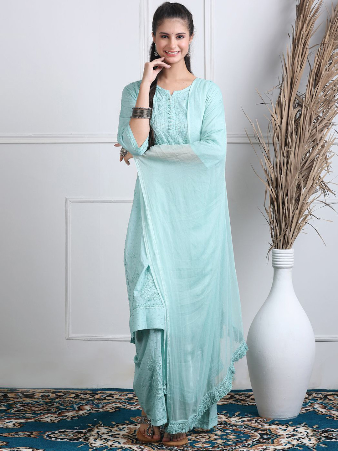 KHAKA Embroidered Chikankari Pure Cotton Straight Kurta With Palazzos & Dupatta