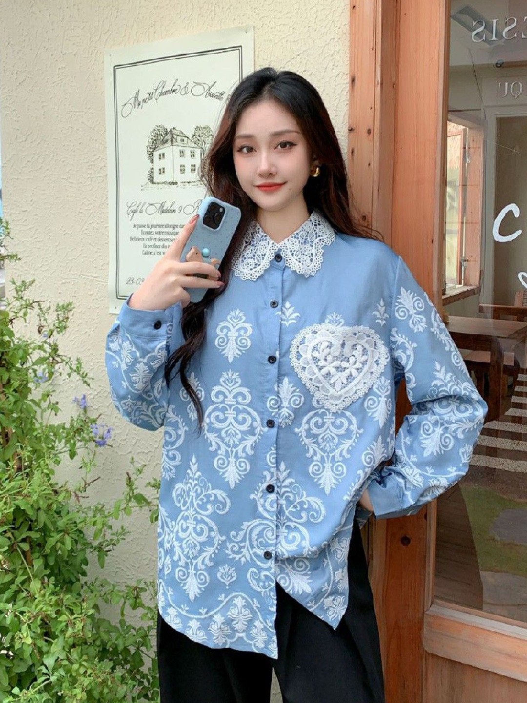 PIKAYO Ethnic Motifs Embroidered Lace Inserts Cotton Denim Shirt Style Top