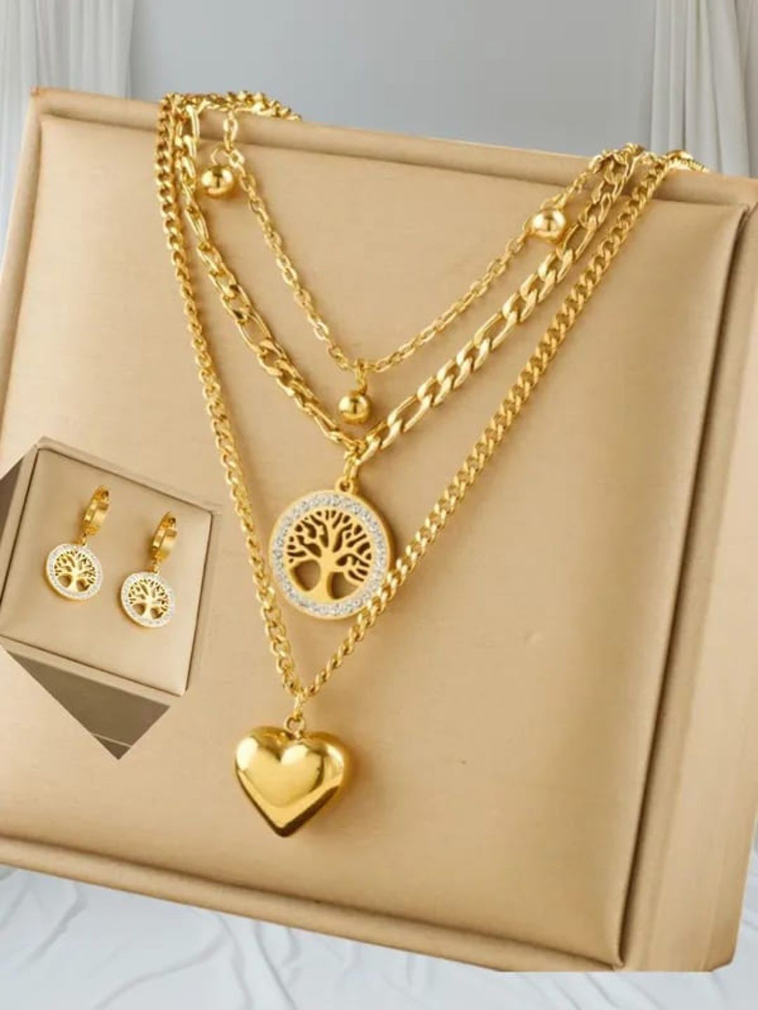 ROYAL NEEDS Stainless Steel Gold-Plated Stone-Studded Layered Necklace With Earrings