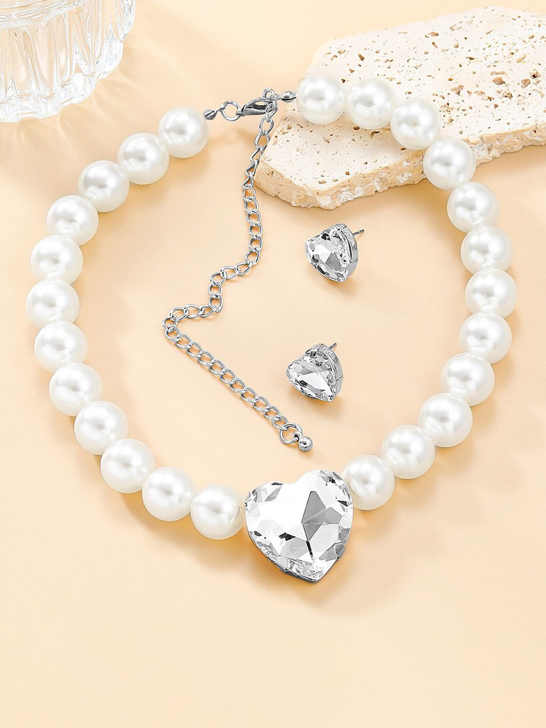 Peora Silver Plated Crystal & Pearls Studded Necklace With Studs