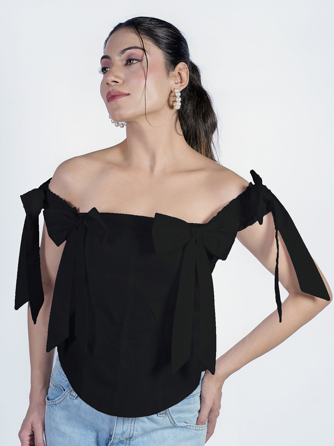 BELLO DONA CLOTHING Women  Cotton Bare Shouldered Bow Detailed Top