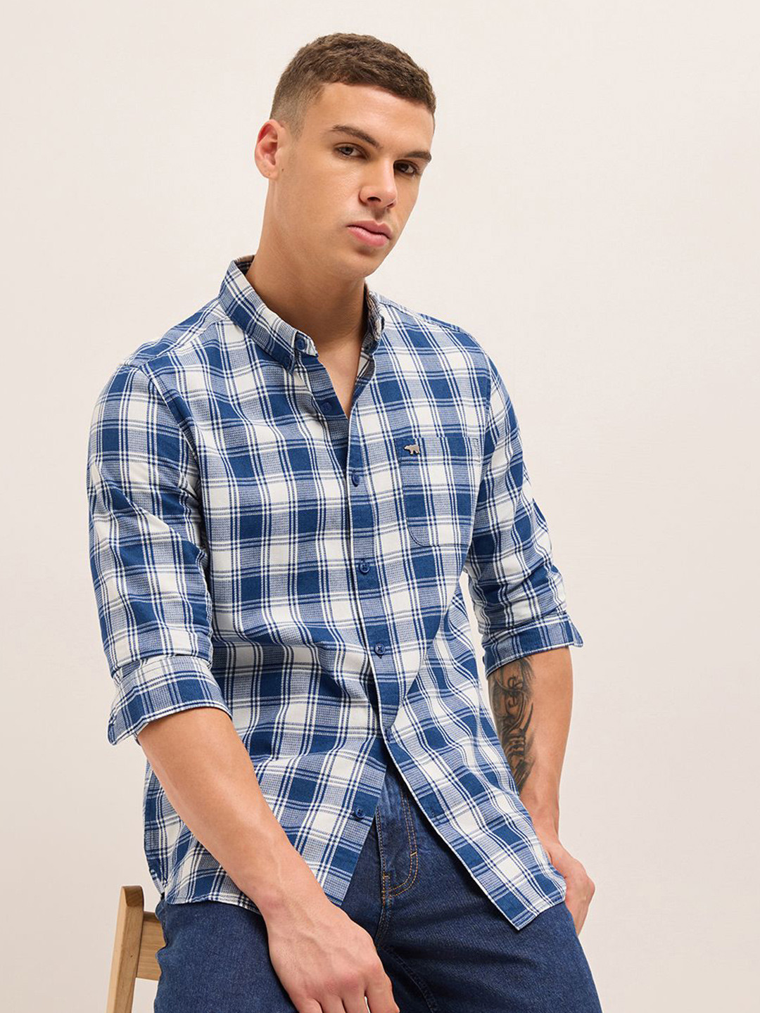 THE BEAR HOUSE Men Slim Fit Checked Button-Down Collar Pure Cotton Casual Shirt