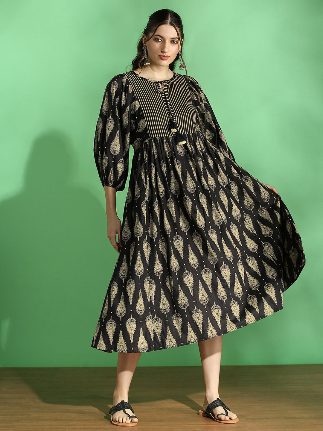 Globus Women Black Ethnic Print Round Tie-Up Neck Tiered Fit & Flared Midi Dress