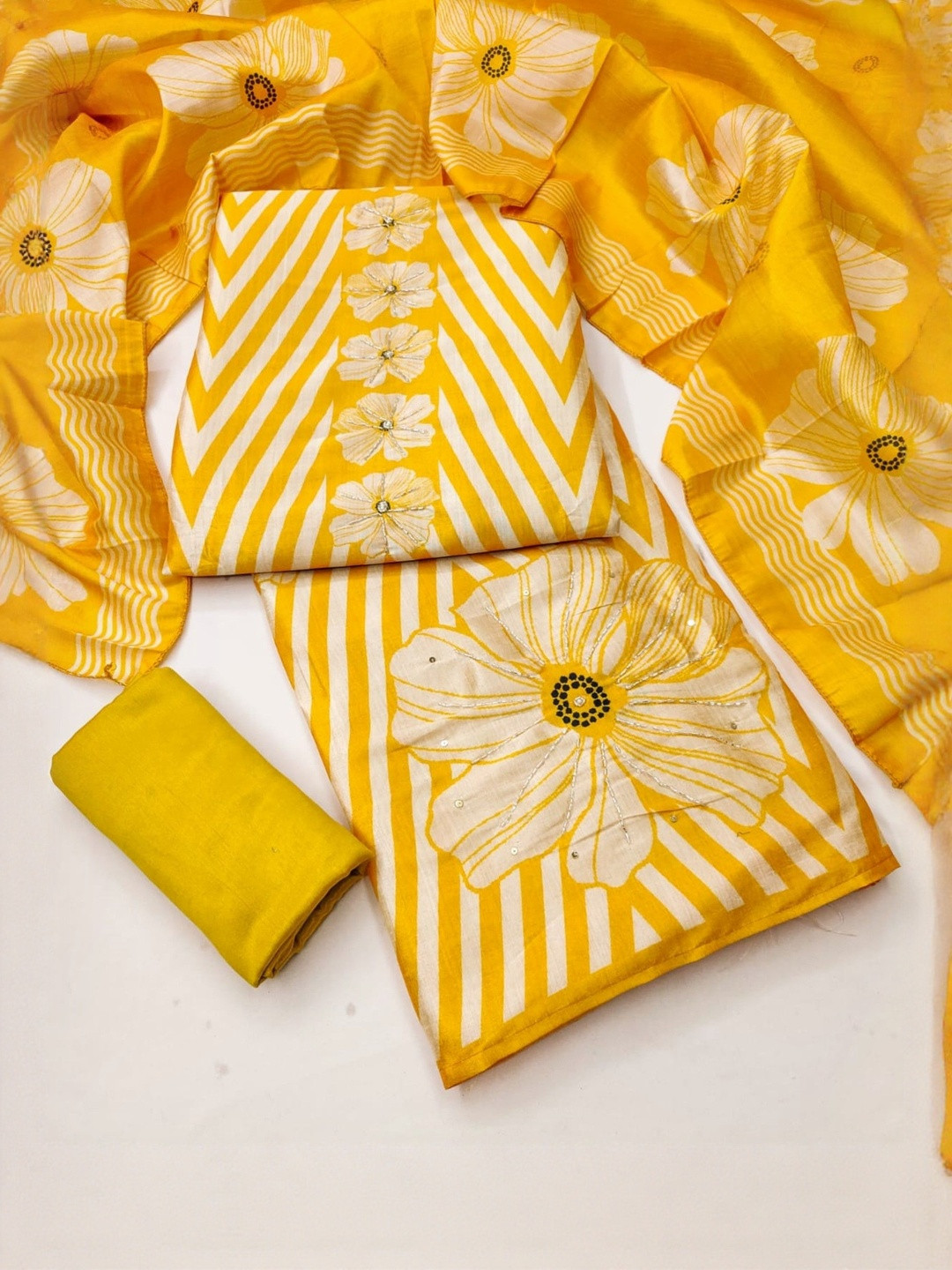 Yellow Asam Silk Digital Printed With Khatli Work Unstitched Dress Material