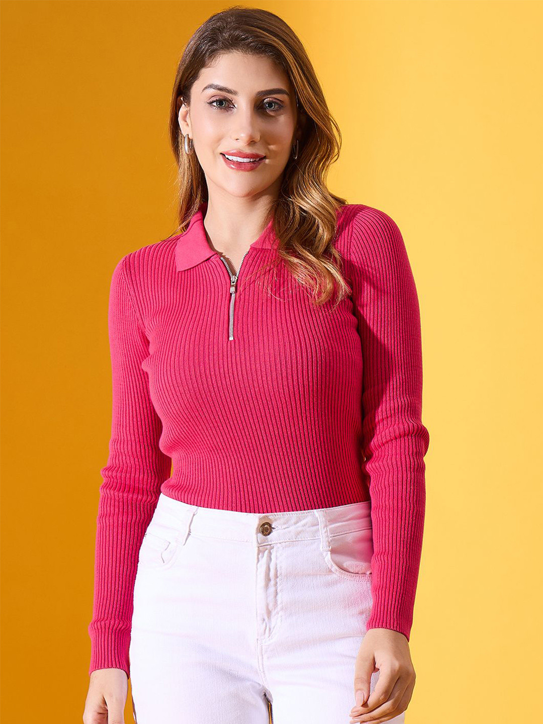 98 Degree North Women PulloverWomen Ribbed Half Zipper Cotton Long Sleeves Pullover