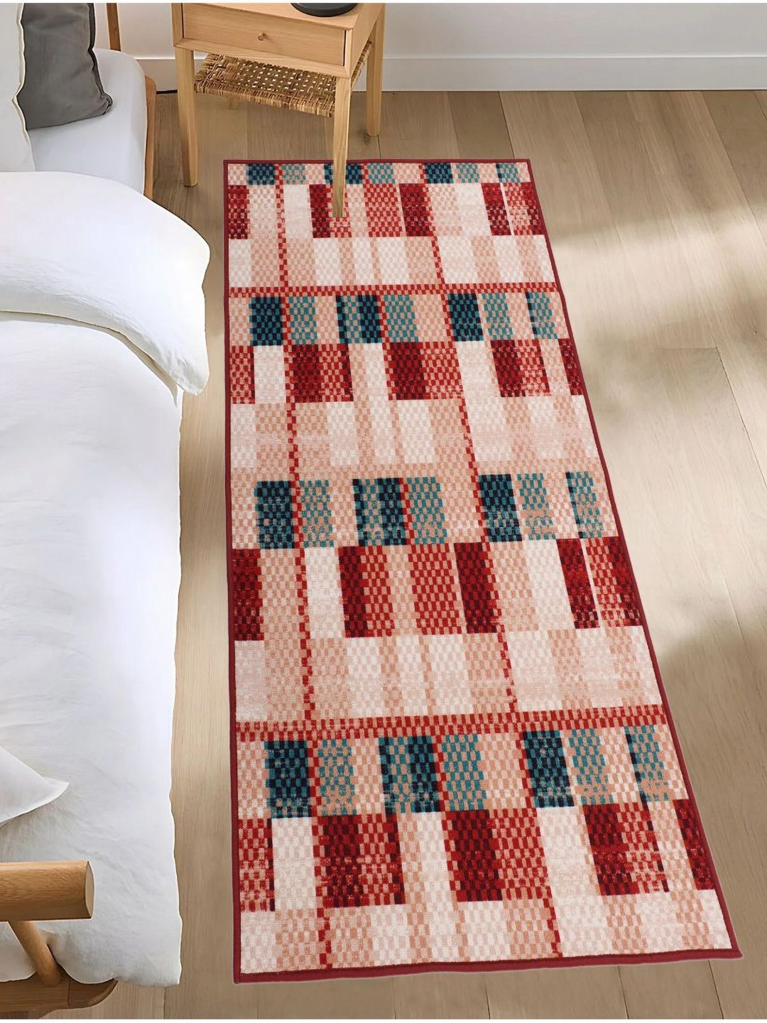 MODEFE Pink & Teal-Blue Geometric Printed Anti-Skid Loop Pile Floor Runner