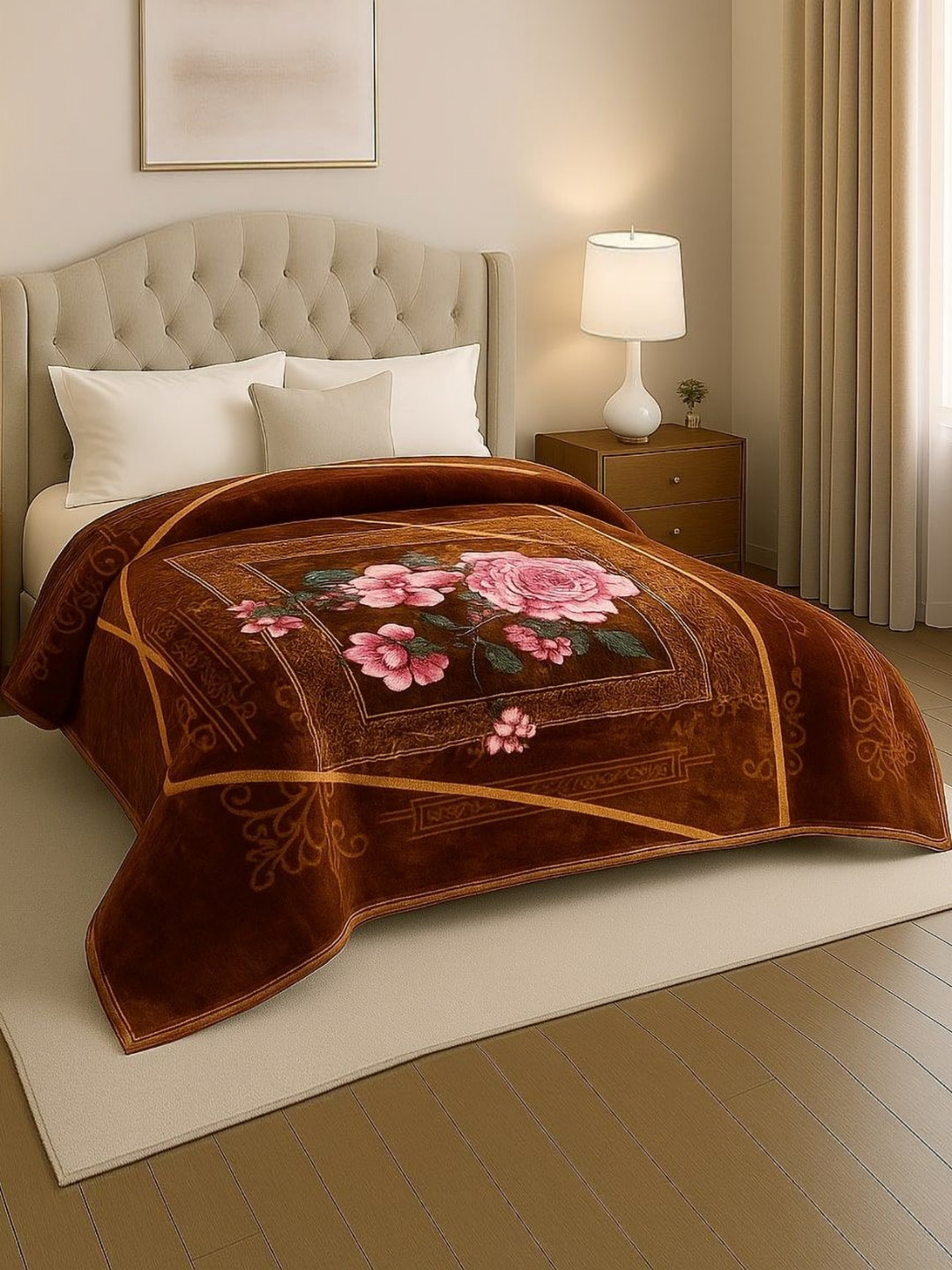 Nivasam Maroon & Rose Floral Printed Mink Mild Winter 500 GSM Double Bed Blanket