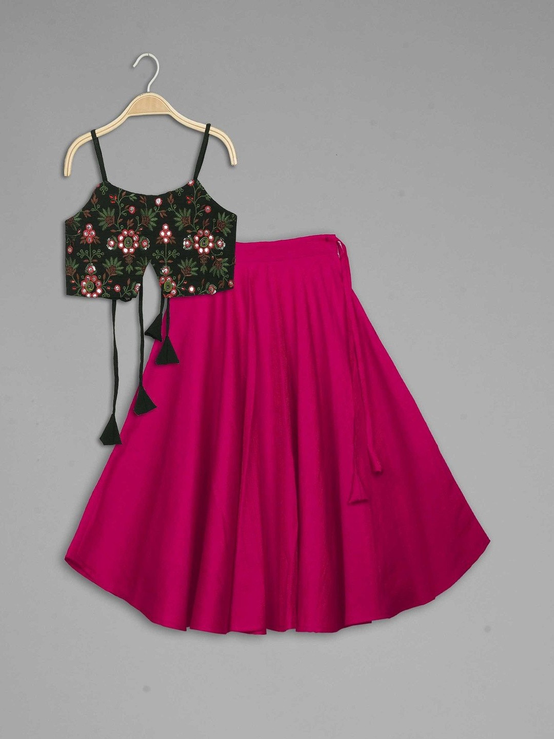 IRSIA Girls Green And Pink Embroidered Thread Work Sleeveless Ready to Wear Lehenga Choli