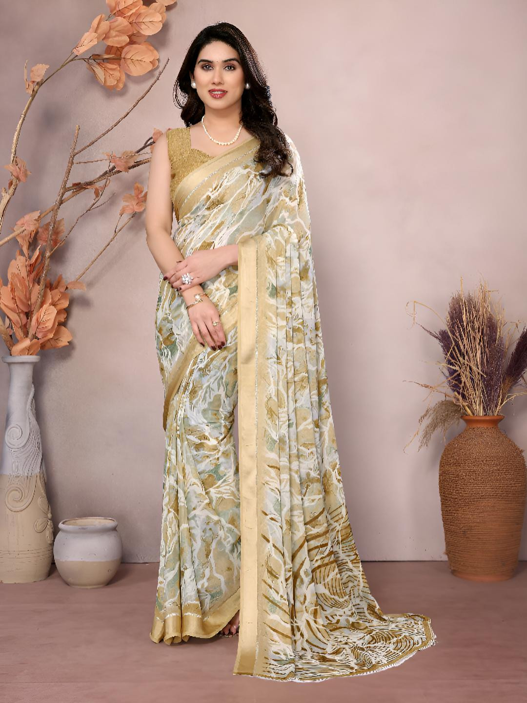 V3 FASHION STUDIO Abstract Printed Moss Satin Saree with Blouse Piece