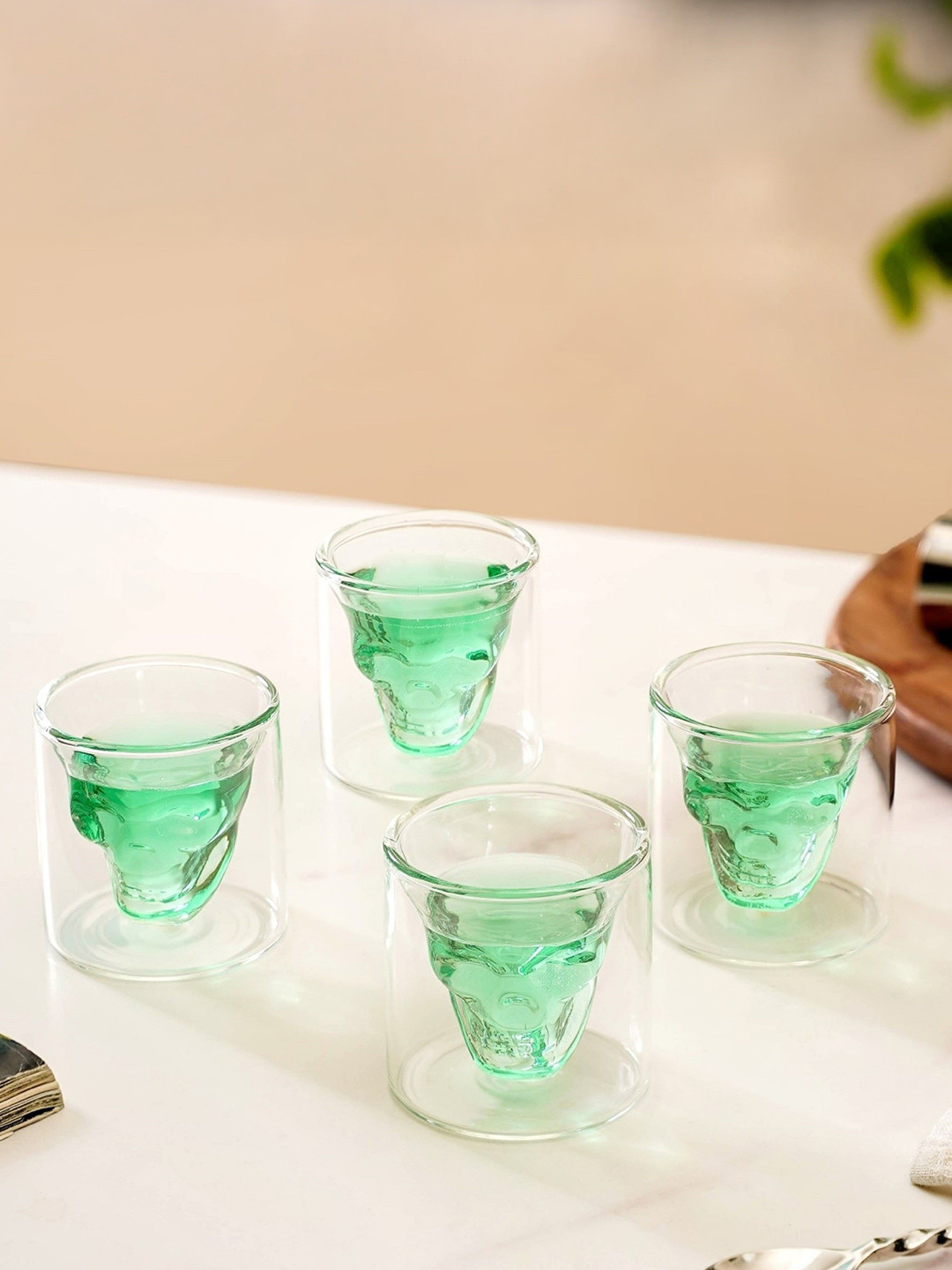 Nestasia Transparent 4 Pcs Dishwasher Safe Skull Double Wall Shot Water Glass 100ml