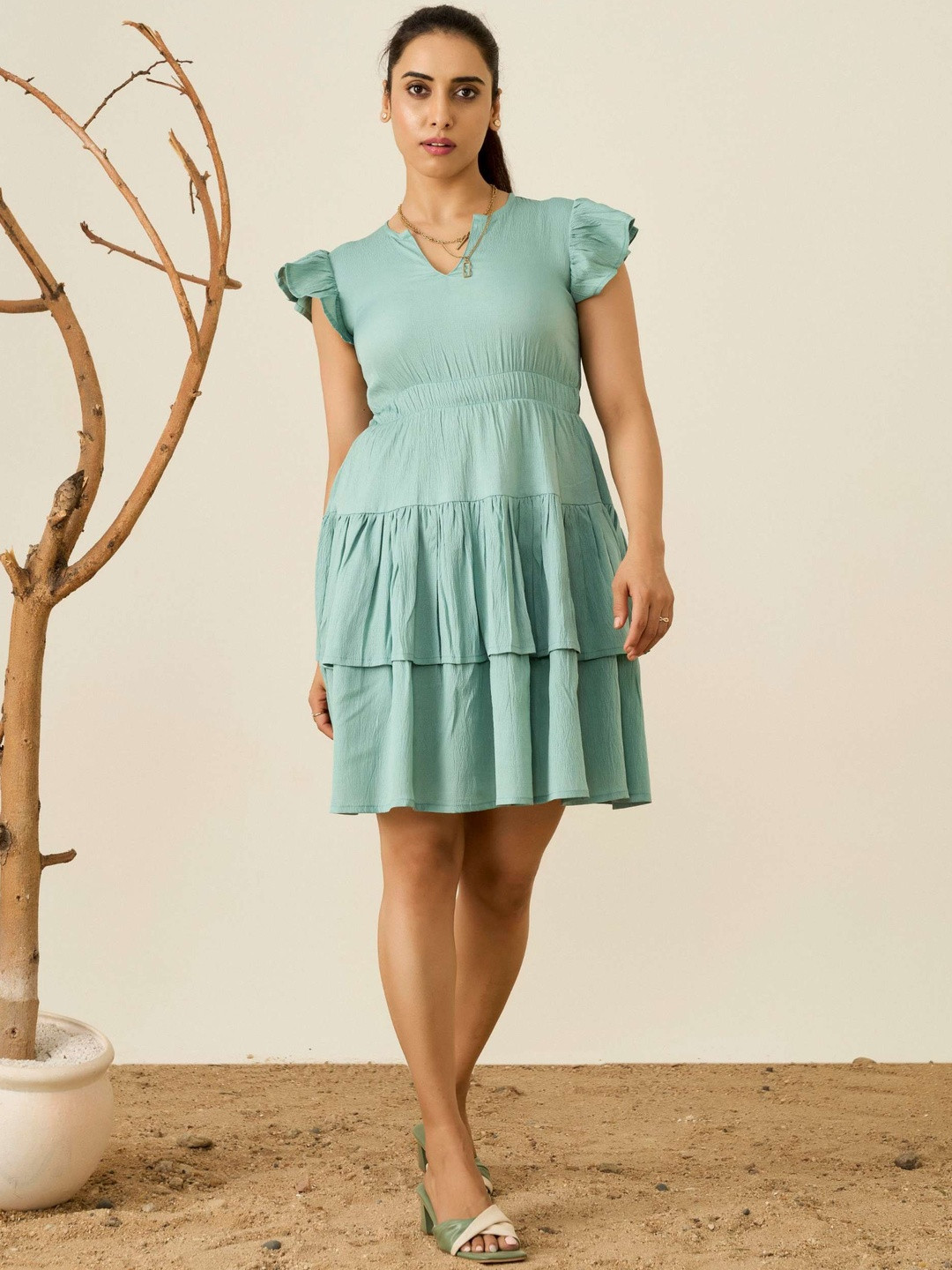 Roadster Ruffled Cap Sleeves V Neck Solid Mini Sky Blue Dress