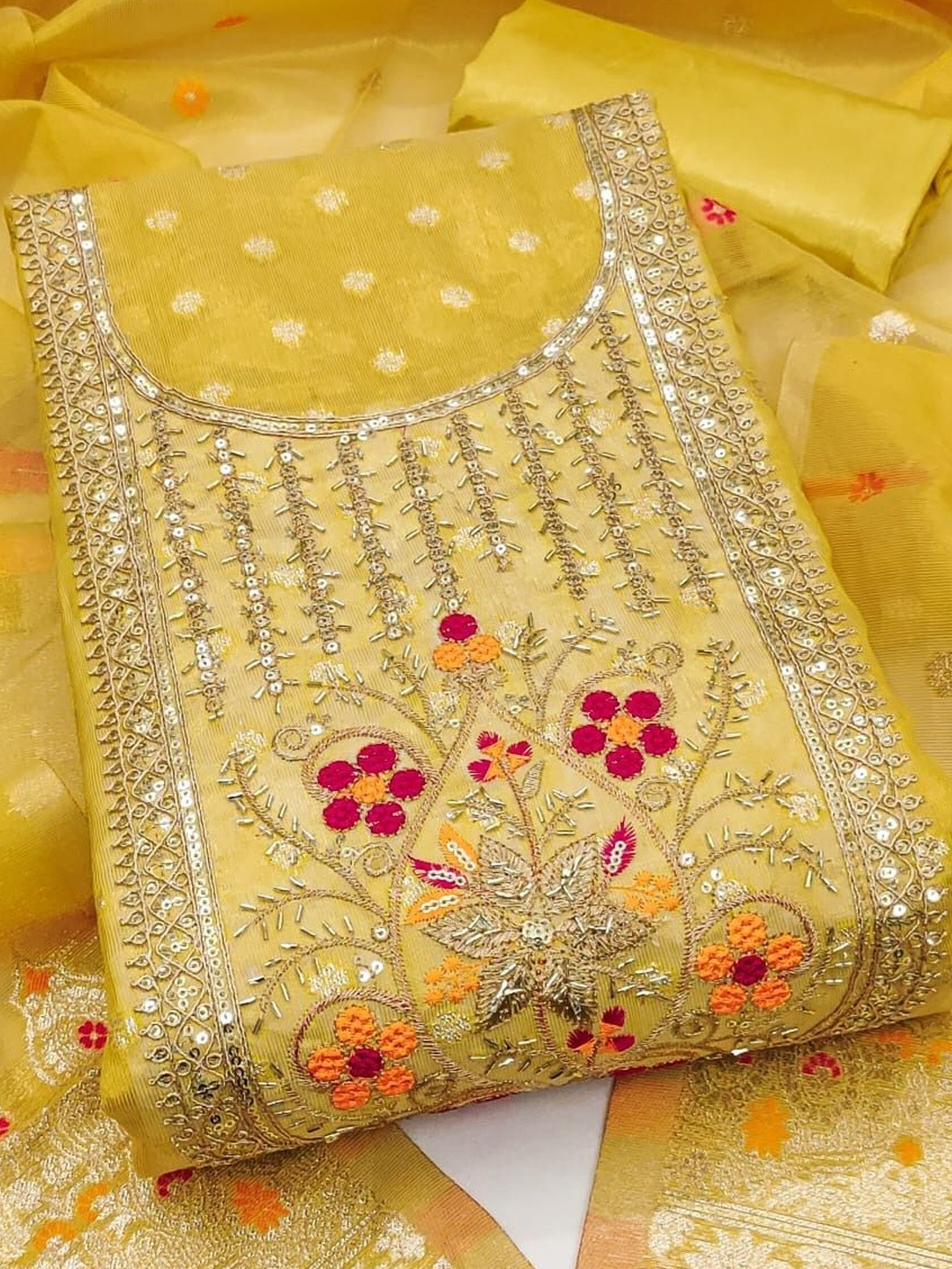 Yellow Simmer Silk Jacquard With Codding Work Unstitched Dress Material