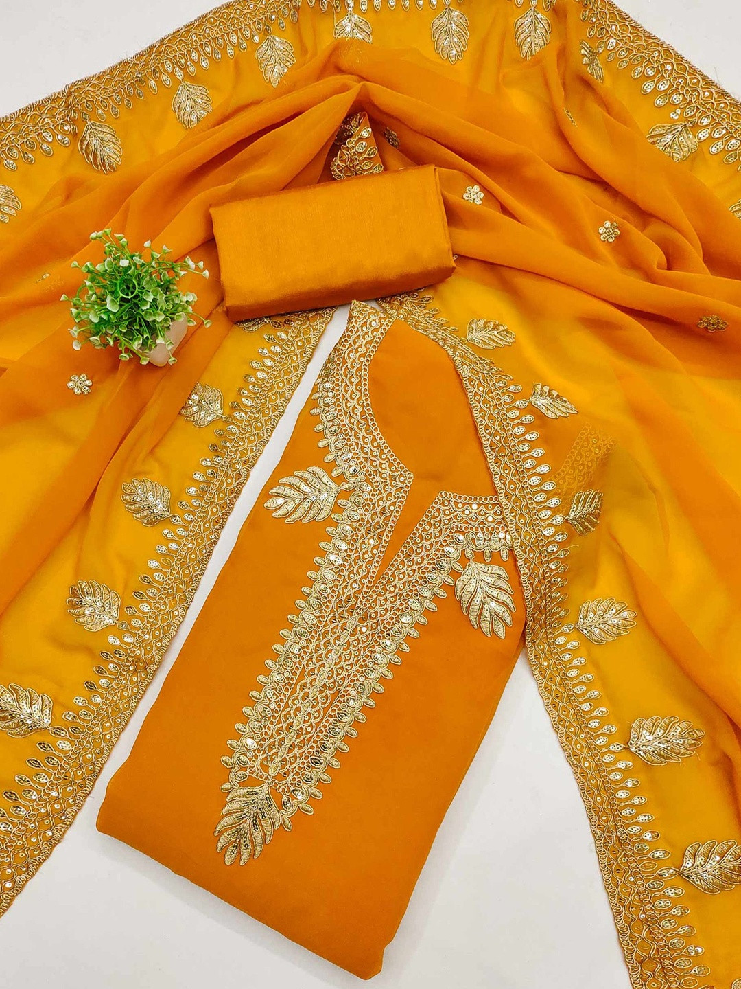Orange Floral Embroidery and Embroidered Georgette Unstitched Dress Material