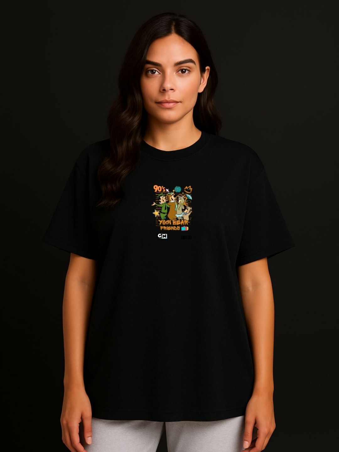 Anikmart Women Yogi Bear Dri-FIT Graphic Printed Round Neck Cotton Oversized T-shirt