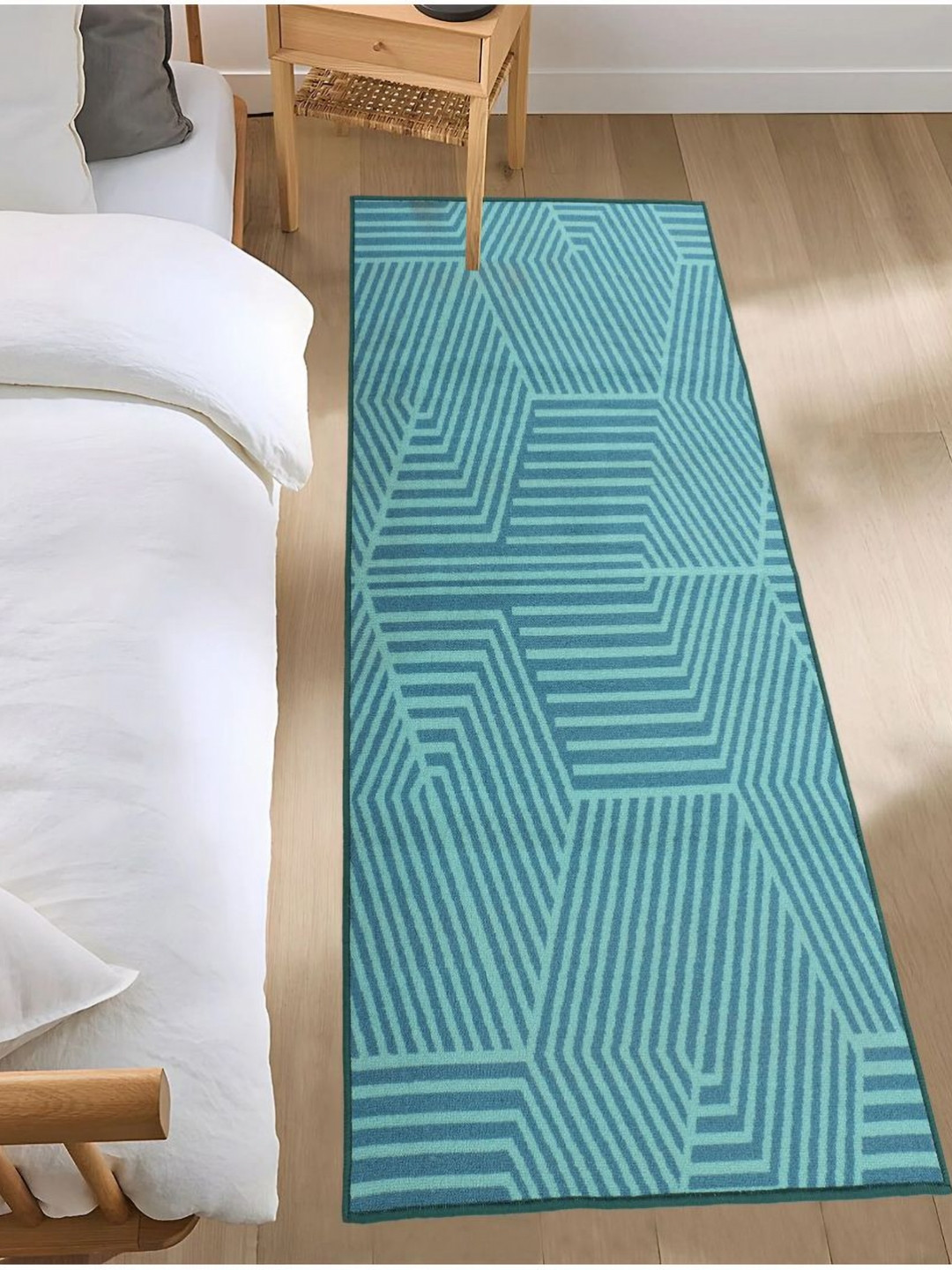 MODEFE Sea Green Geometric-Printed Anti-Skid Loop Pile Floor Runner