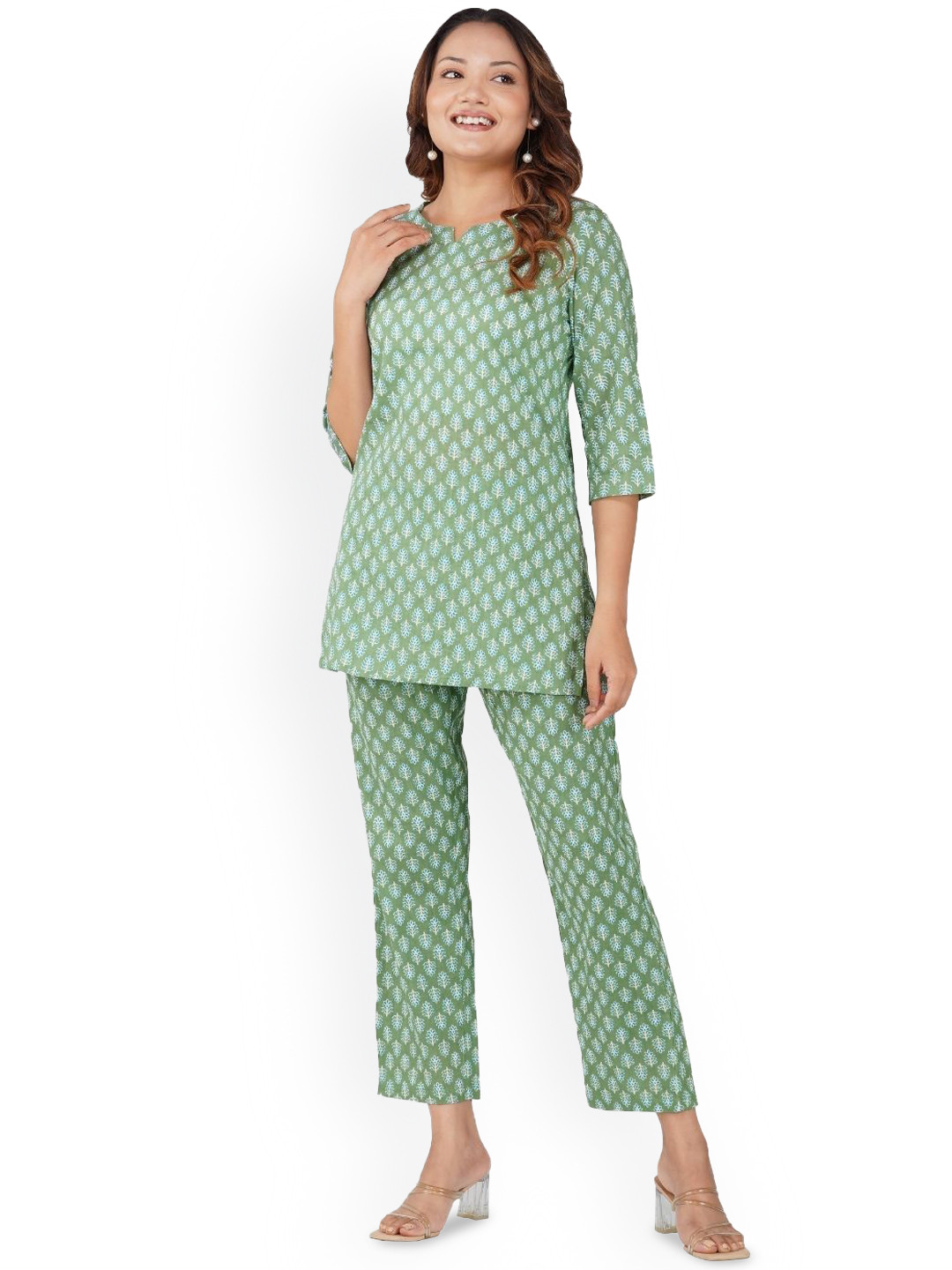 30 Looks Women Dark Sea Green Cotton Printed Pyjama Set