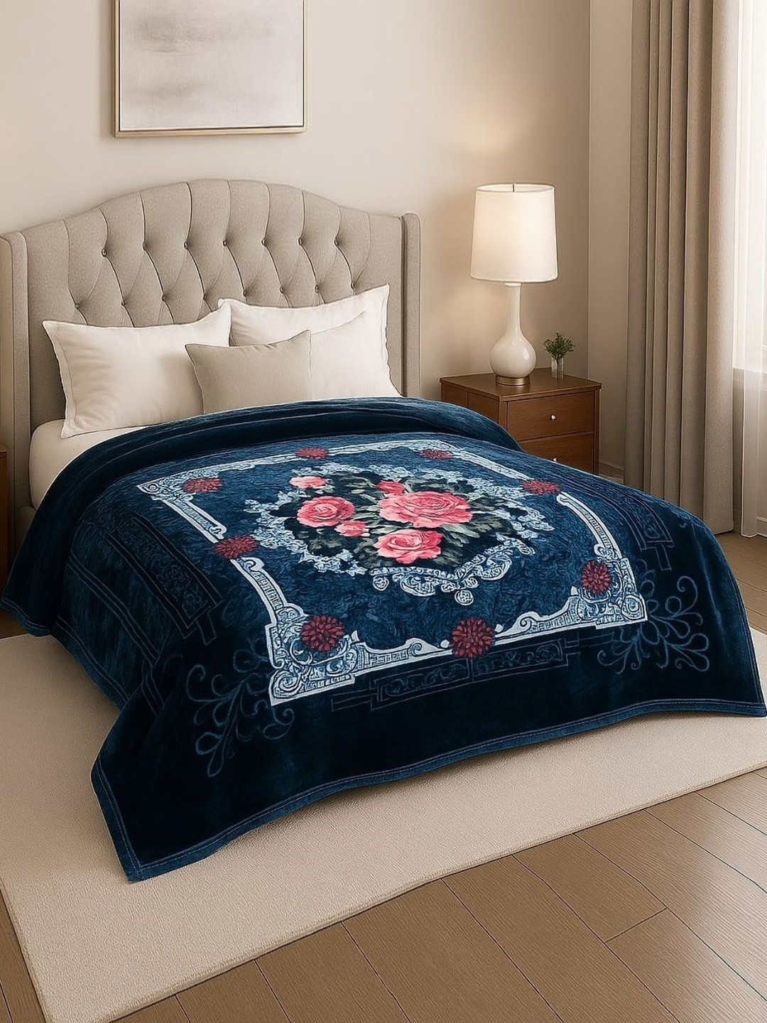 Nivasam Kreta Navy Blue & Rose Floral Printed Mink Mild Winter 500 GSM Double Bed Blanket