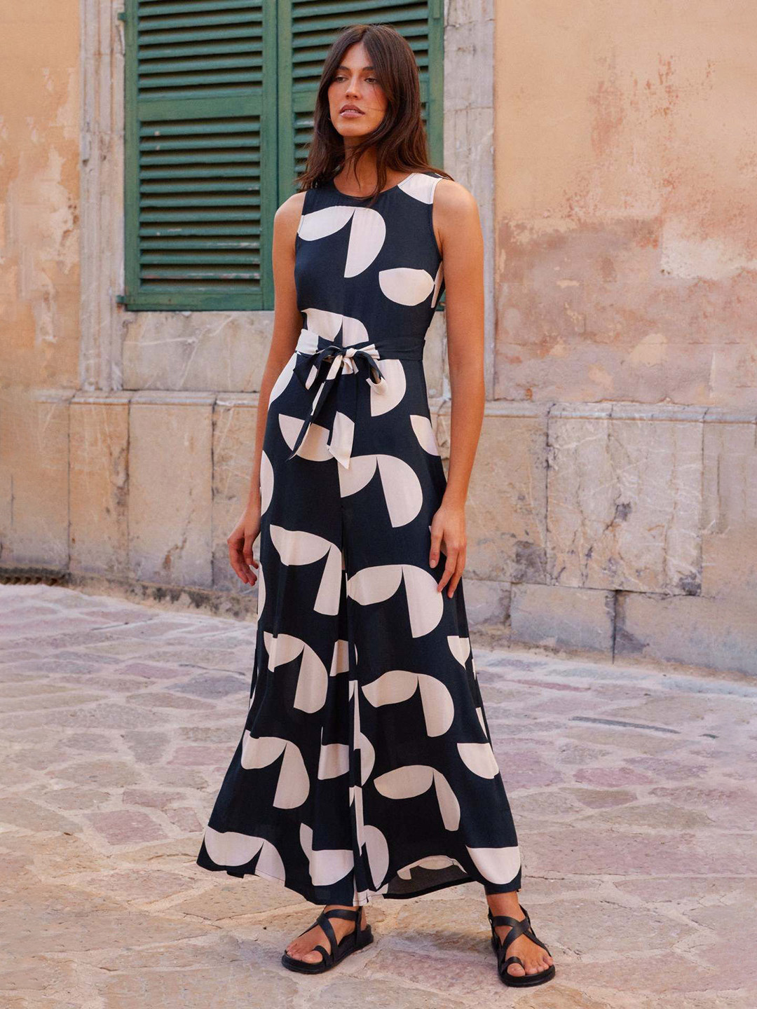 StyleCast Women Printed Wide-Leg Basic Jumpsuit  With Waist Tie-Ups