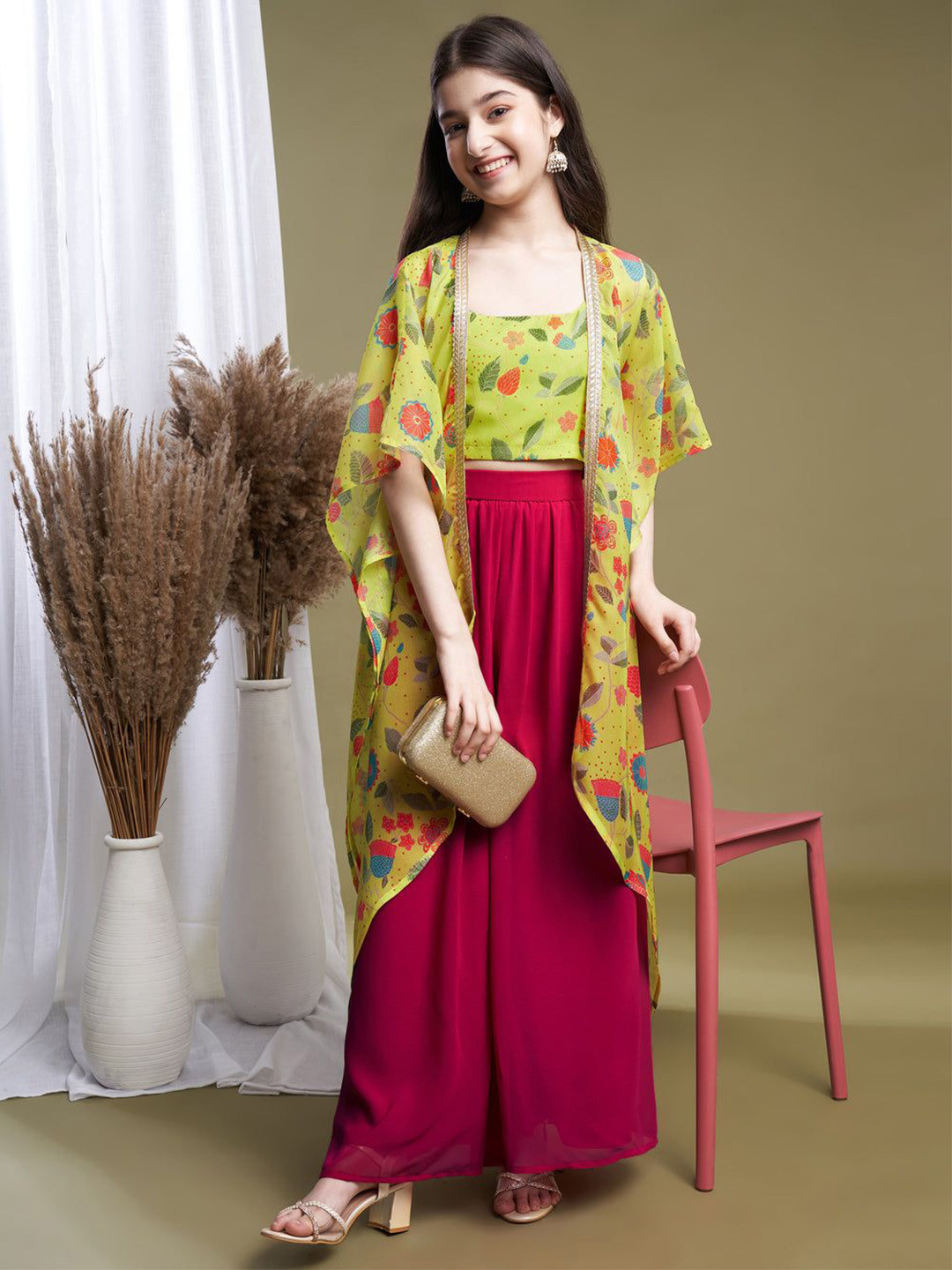 Dhvrafashion Girls Printed Poly Georgette Top With Palazzos