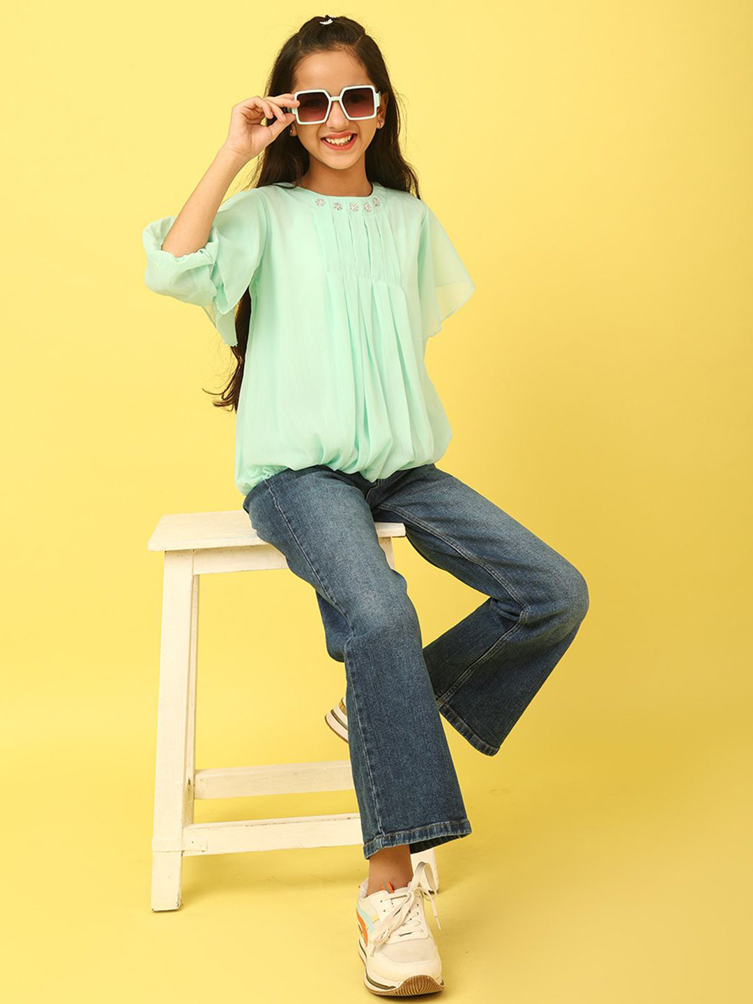 Ishti Top Girls Pleated Embellished Neck Top