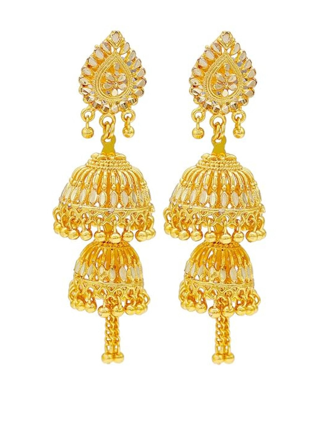 24KT Gold Plated Mirror Work Double Umbrella Chandelier long Jhumki for Women