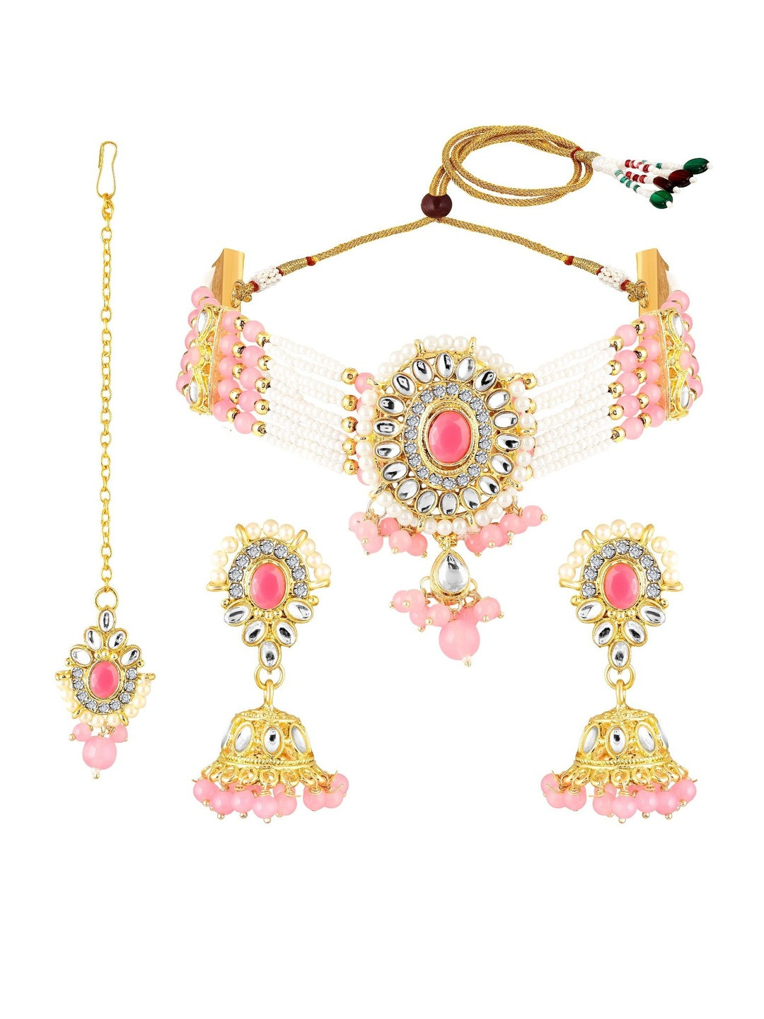 Mahi Women Pink Alloy Choker Necklace Jewellery Set with Kundan and Glass Beads