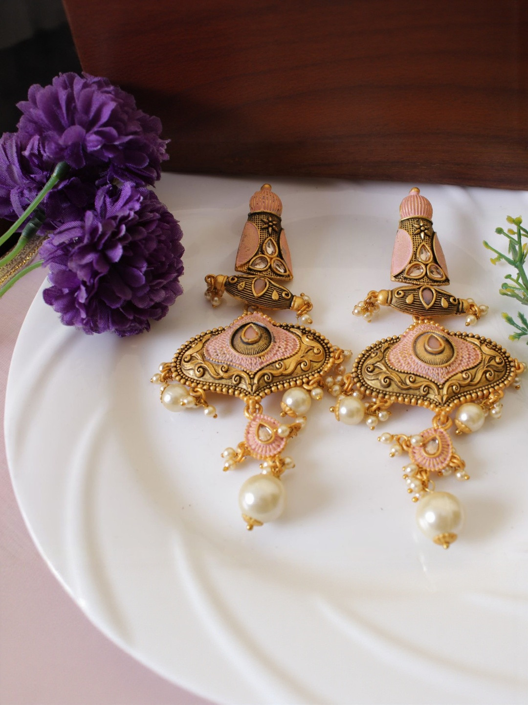 Gold-Plated Pink Enamel Dangler Earrings with Pearl Beads
