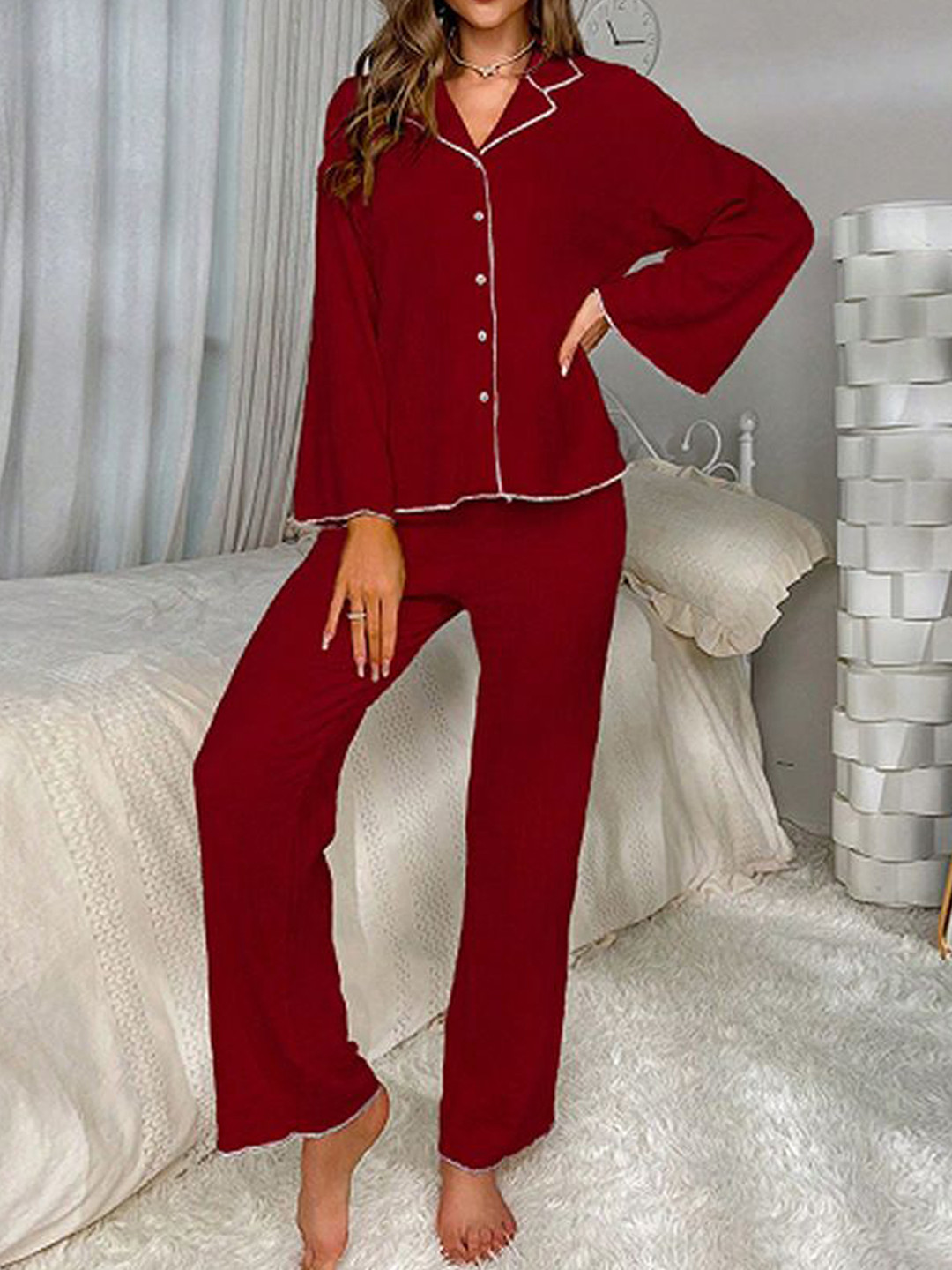 StyleCast Maroon & White Shirt Collar Night Suits