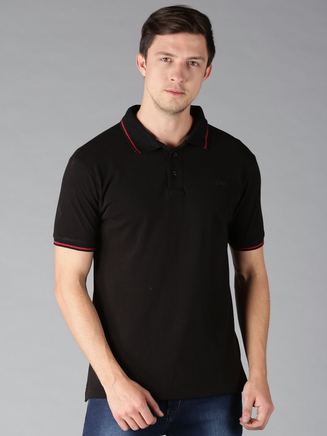 Y.O.U Men Black Polo Collar Cotton T-shirt