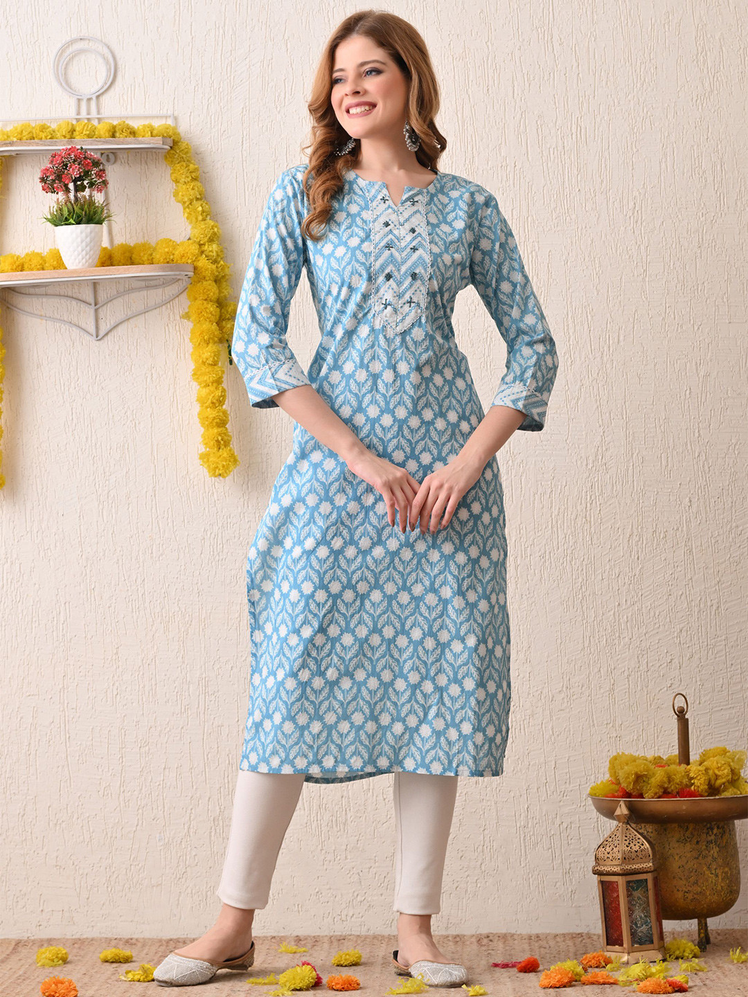 Jasoriya Women Floral Printed V-Neck Sequins A-Line Regular Calf Length Kurta