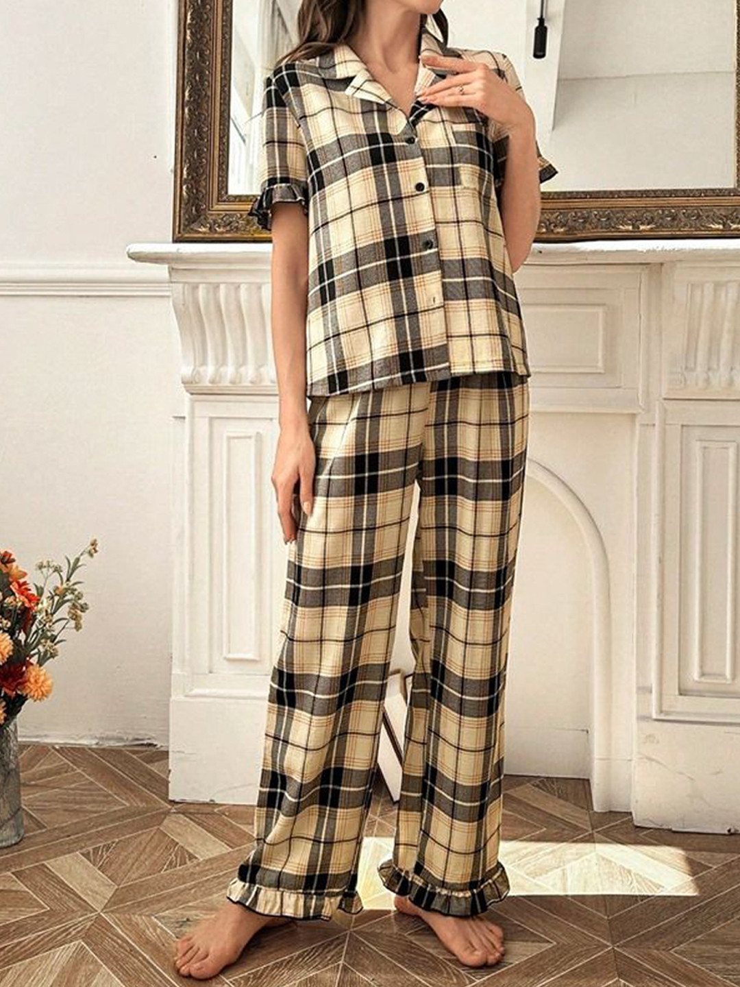 StyleCast Beige & Black Checked Shirt Collar Night Suits