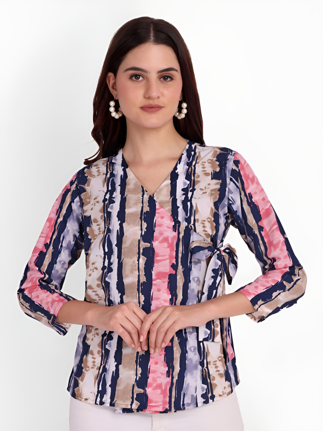 FNOCKS Women Tie and Dye V-Neck Cotton Wrap Top