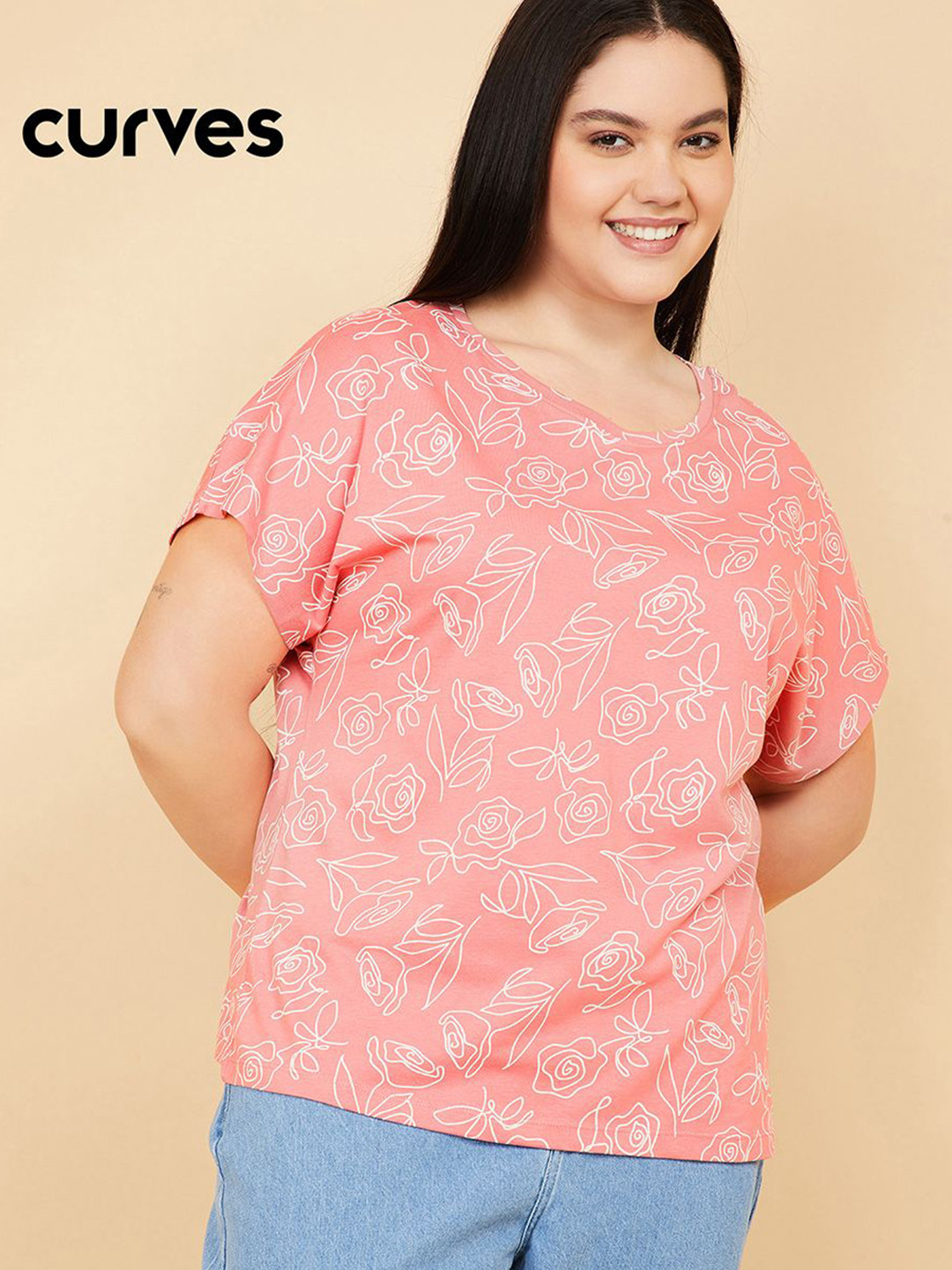 max Floral Printed Round Neck Dolman Sleeves Pure Cotton Regular Fit T-shirt
