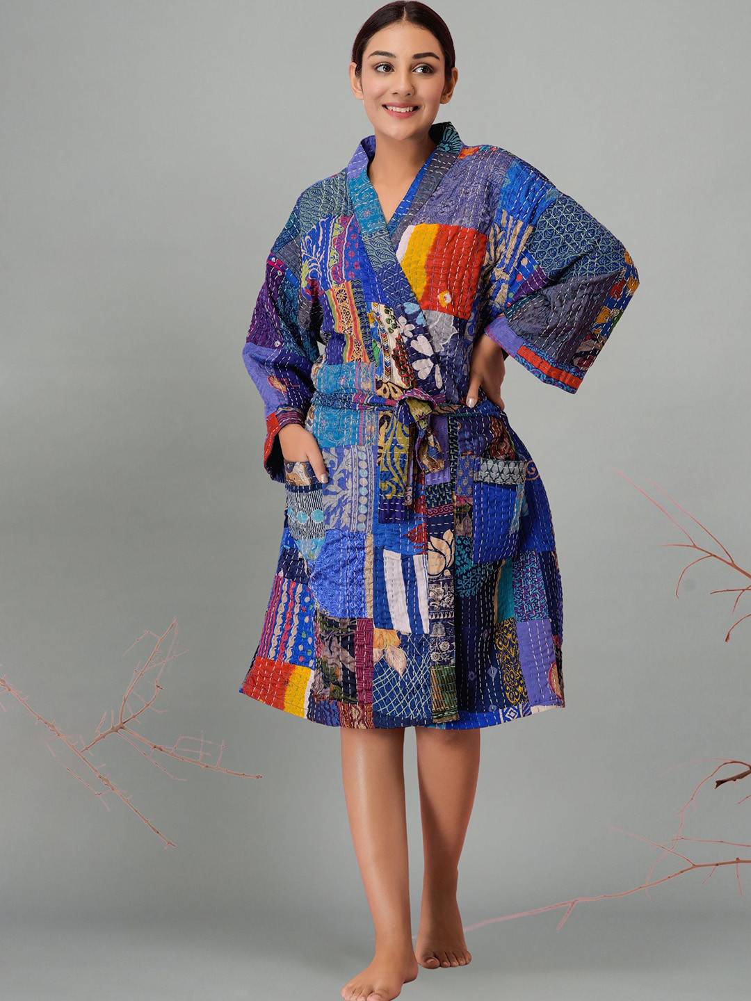 HANDICRAFT PALACE Floral Printed Thread Work Silk Bathrobe