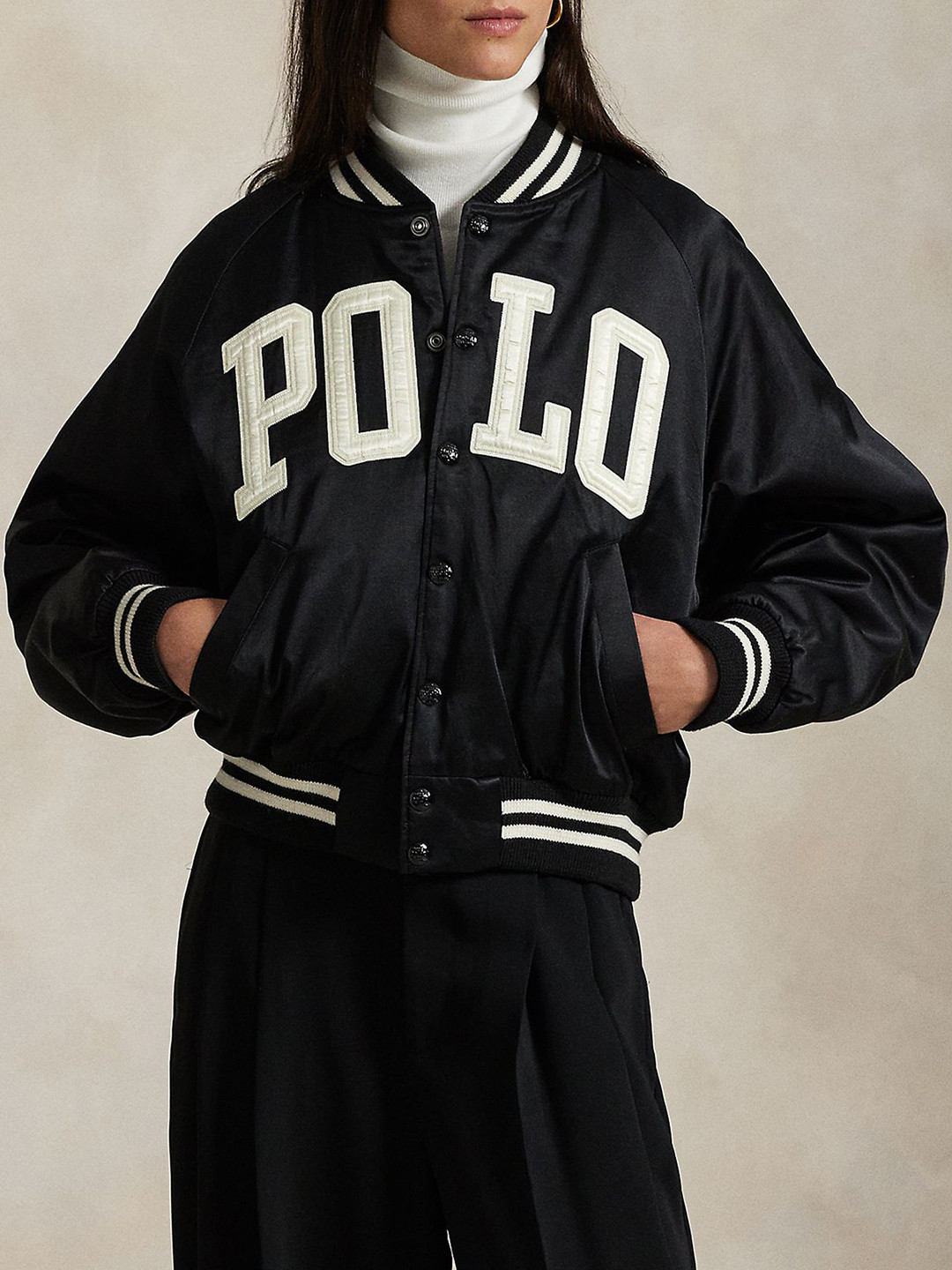 Polo Ralph Lauren Logo Embroidered Satin Bomber Jacket