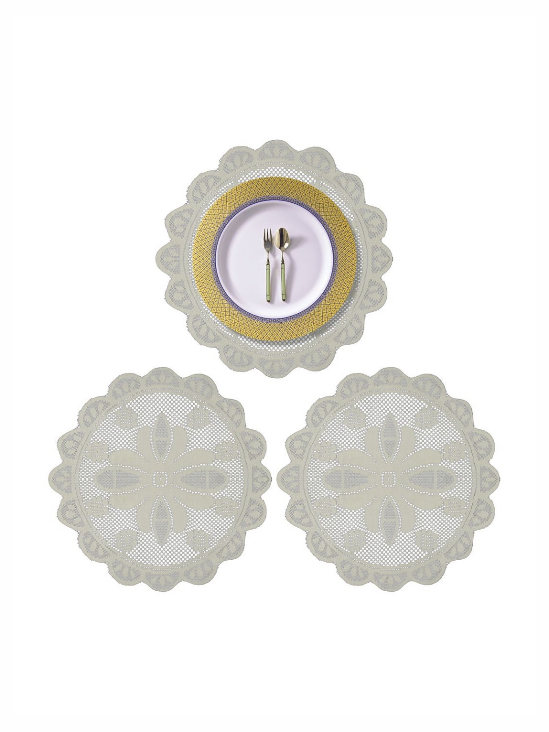 Aura Cream-Coloured 3 Pieces Self-Design Cotton Round Shape Table Placemats