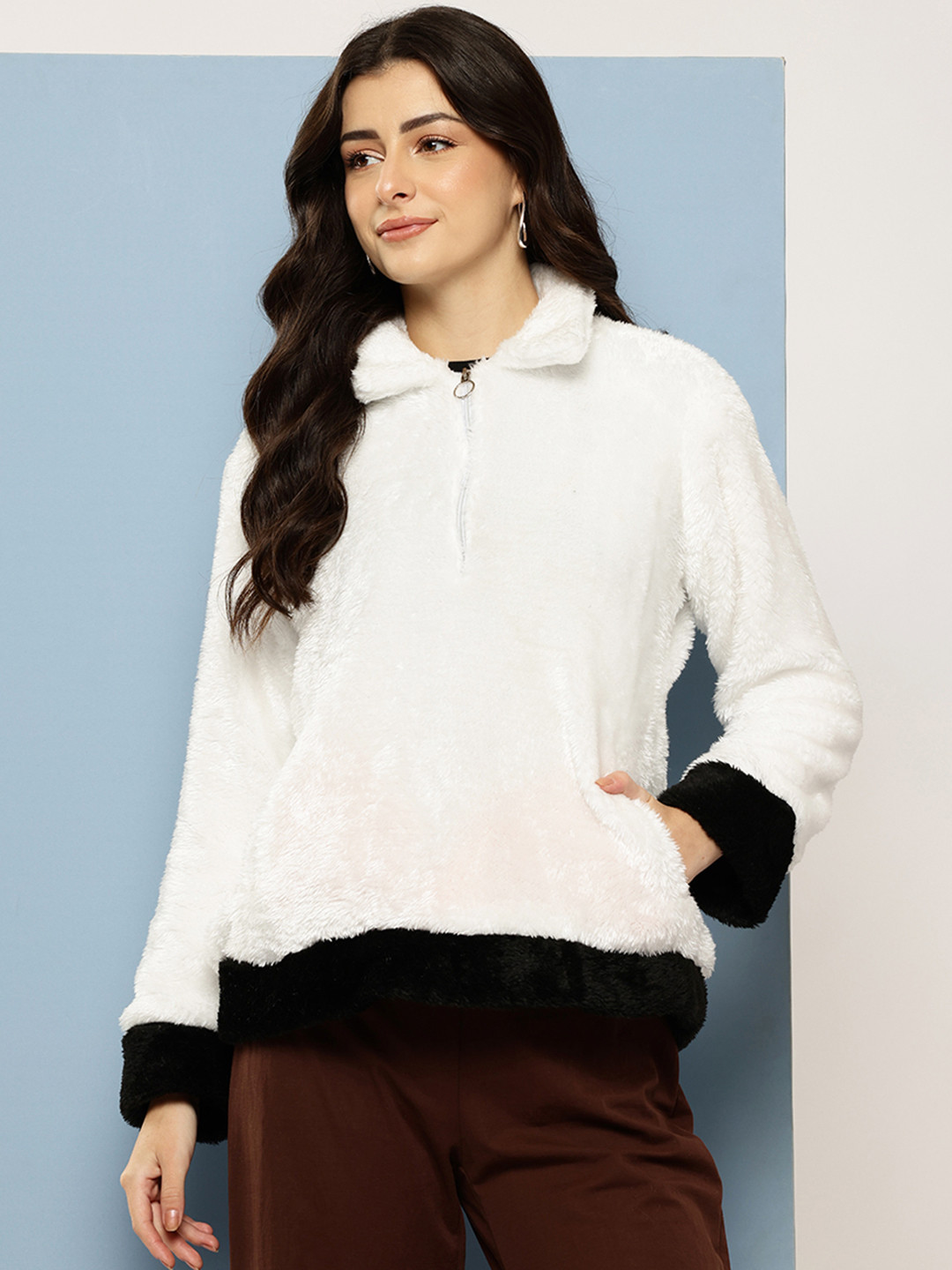 Aarika Contrasting Edges Faux Fur Detail Woollen Half-Zipper Pullover