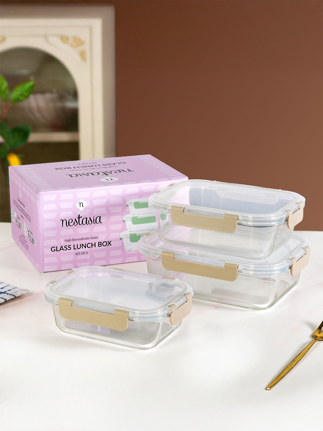 Nestasia Unisex Transparent 3 Pieces Leakproof Rectangular Borosilicate Glass Containers