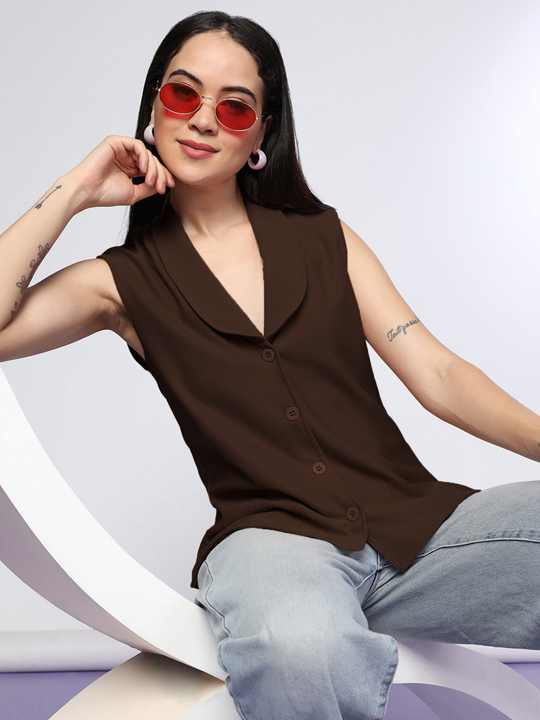 Selvia Women Mocha Mousse Ribbed Shirt Style Top