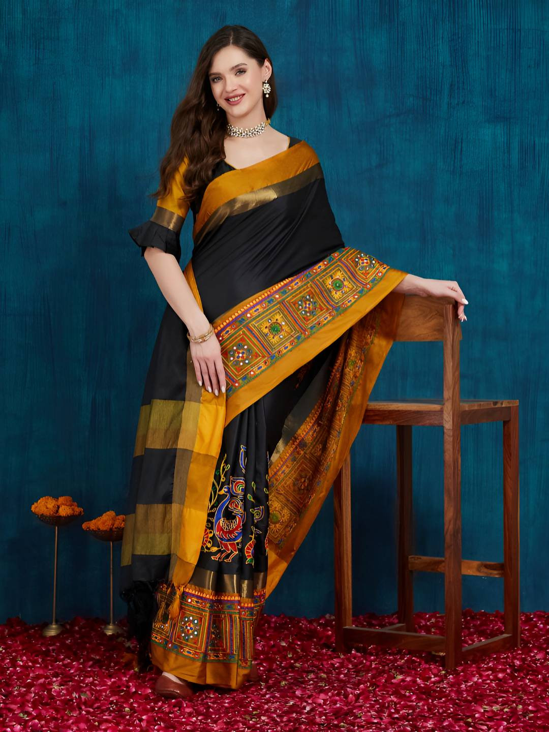 Mitera Ethnic Motifs Printed Kutchi Work Saree With Unstitched Blouse