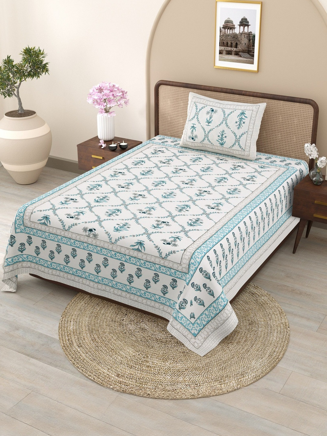 TrueYarns 210 TC Block Print Single Bed Pure Cotton Bedsheet with 1 Pillow Cover