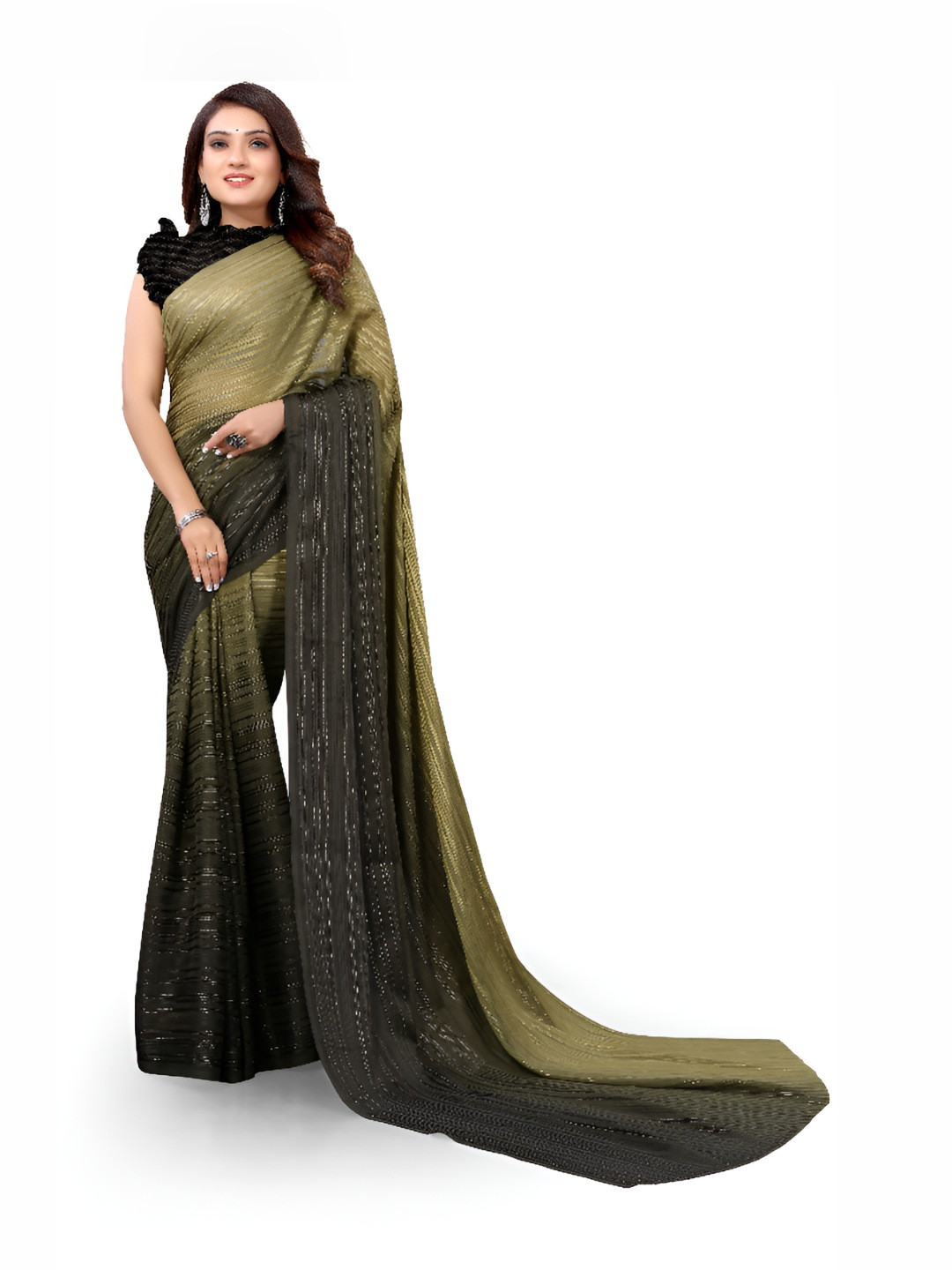 MADHUR MILAN Striped Pure Georgette Half and Half Saree