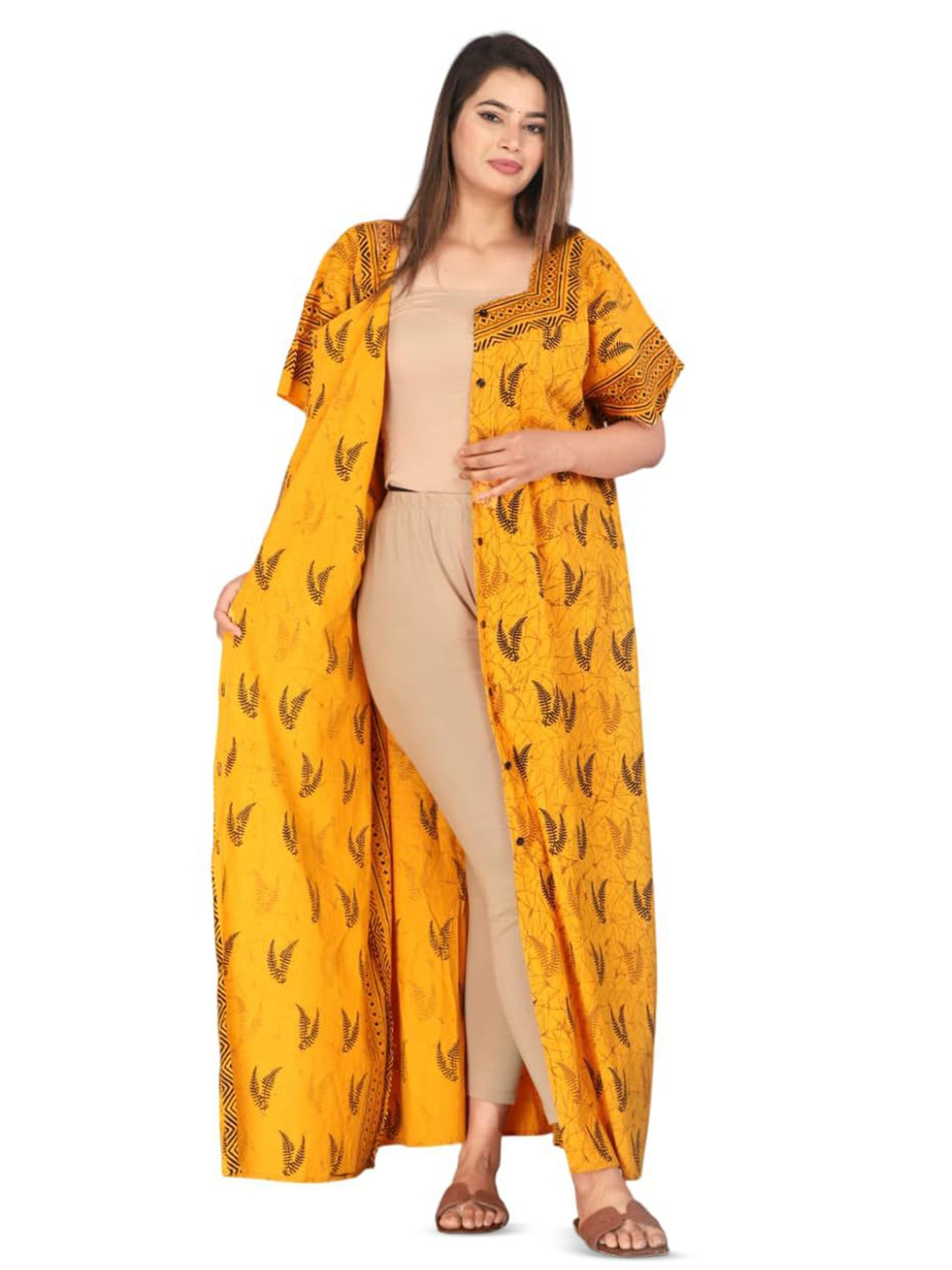 ROOHOO Women Ethnic Motifs Printed Sweatheart Neck Pure Cotton Maternity Maxi Nightdress