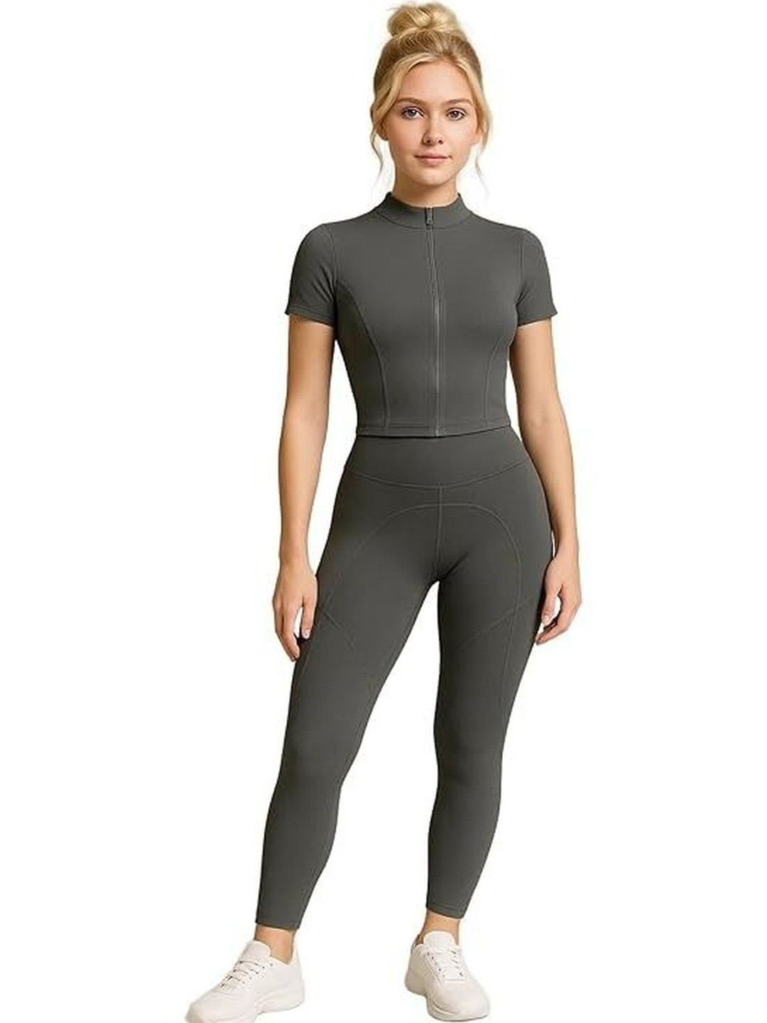 Eleg & Stilance Women Grey 2 Piece Gym Set Top with Leggings