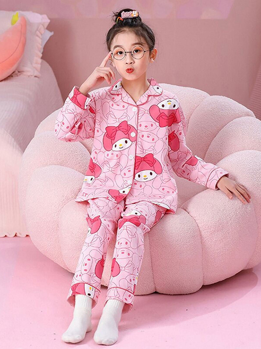 4JSTAR Girls Printed Lapel Collar Night suit
