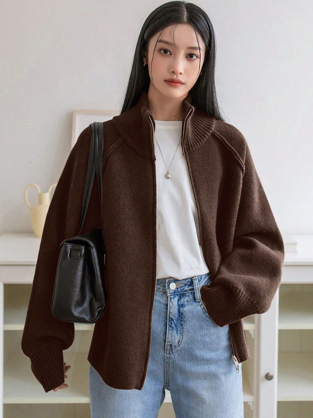 StyleCast High Neck Cashmere Cardigan Sweater