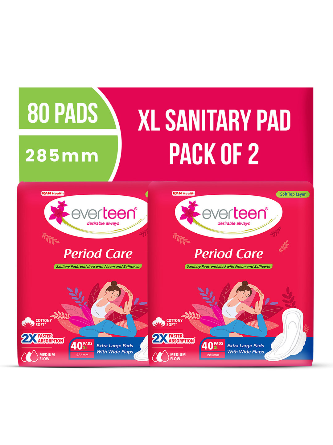 everteen Set Of 2 Period Care Sanitary Pads For Medium Flow - 40 Pads Each XL