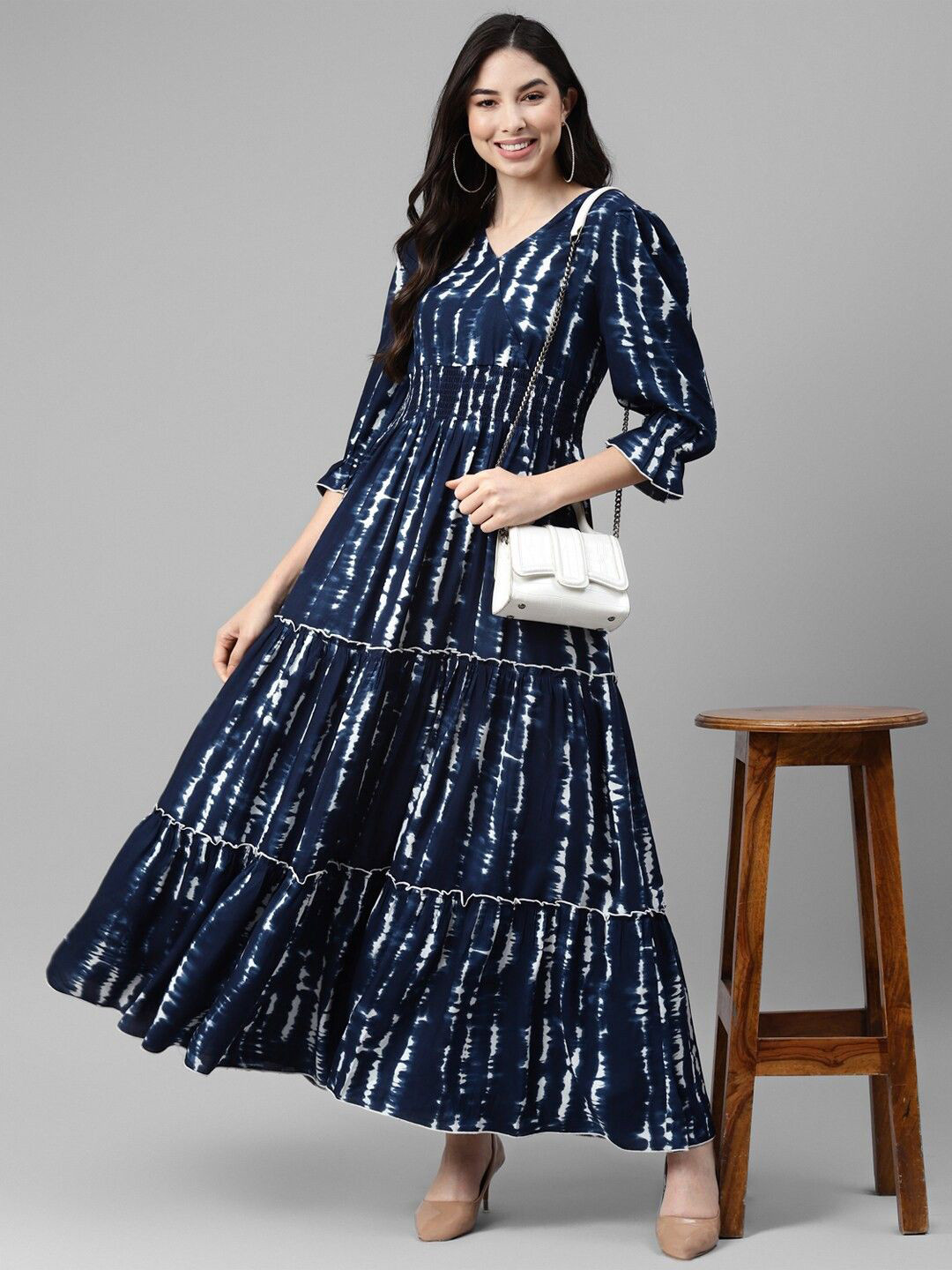 Raiyani Fashion Women Tie and Dye Dyed V-Neck Smocked Bell Sleeve Tiered Maxi Dress